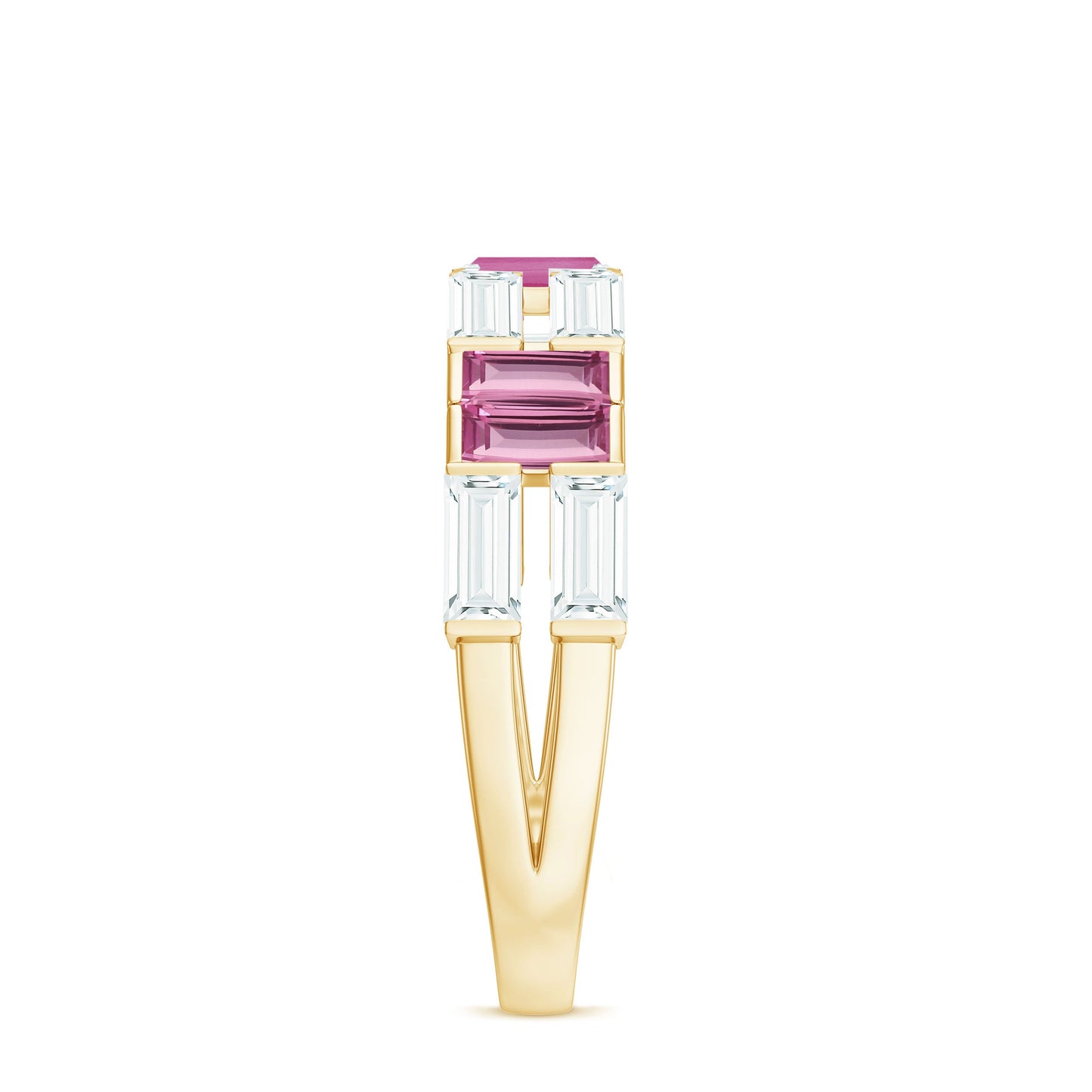 Baguette Shape Pink Tourmaline and Moissanite Half Eternity Ring