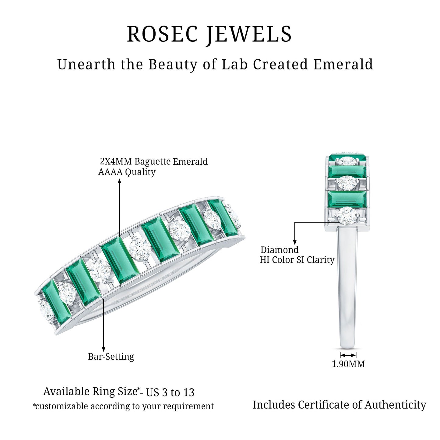 Certified Baguette Lab Grown Emerald Diamond Half Eternity Anniversary Band