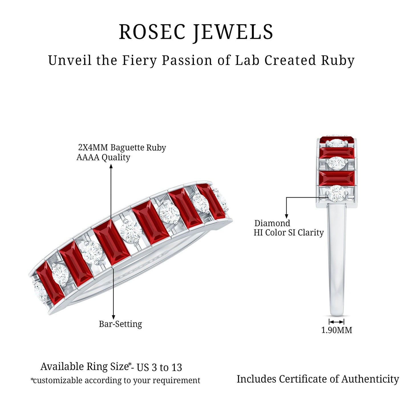 Baguette Cut Created Ruby Classic Half Eternity Ring with Diamond