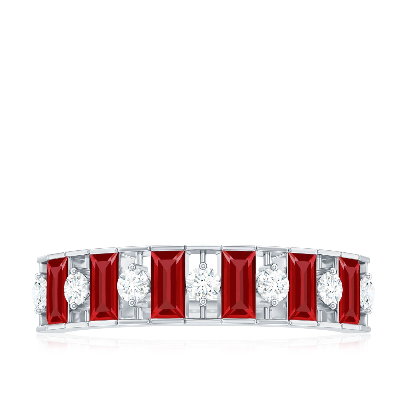 Baguette Cut Created Ruby Classic Half Eternity Ring with Diamond