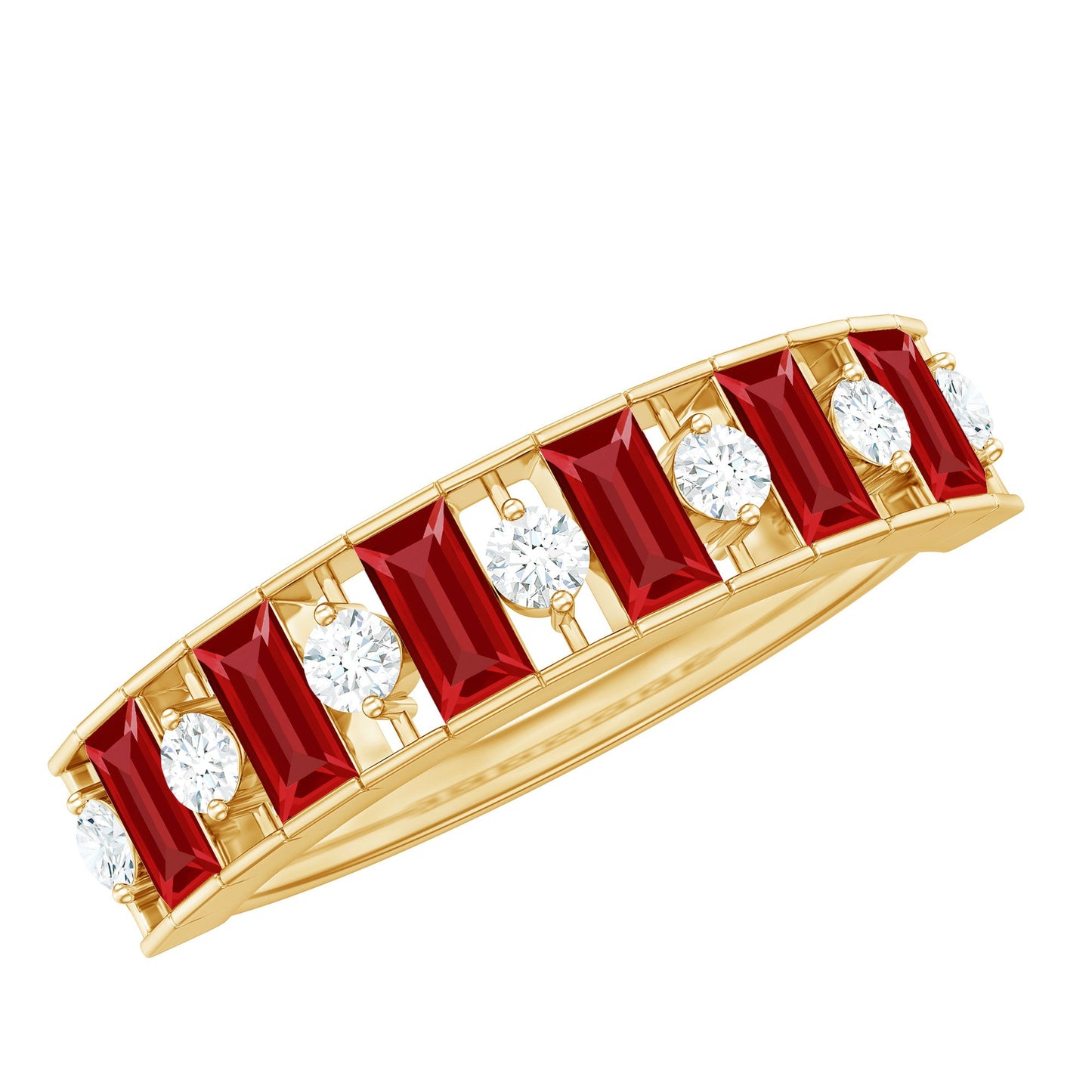 Baguette Cut Created Ruby Classic Half Eternity Ring with Diamond