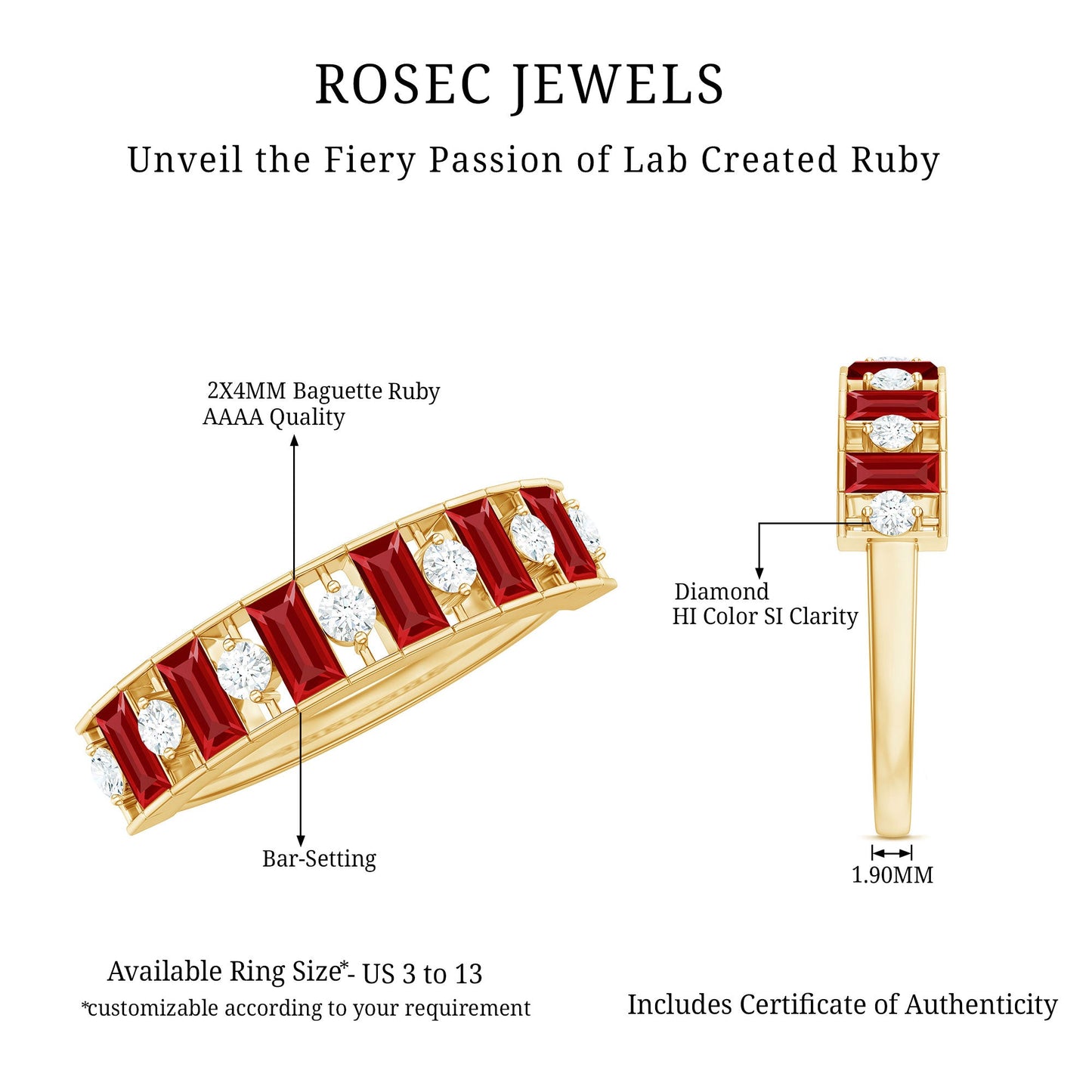 Baguette Cut Created Ruby Classic Half Eternity Ring with Diamond