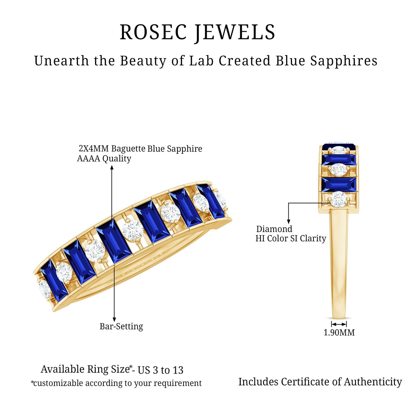 Baguette Cut Created Blue Sapphire Classic Half Eternity Ring with Diamond