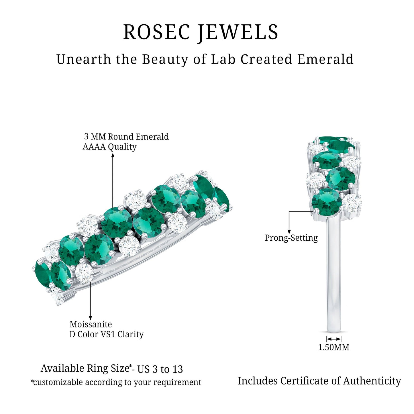 Certified Lab Grown Emerald Cluster Wedding Band with Diamond