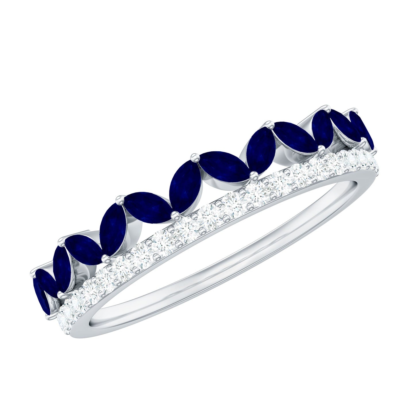 Real Marquise Blue Sapphire Half Eternity Ring with Diamond