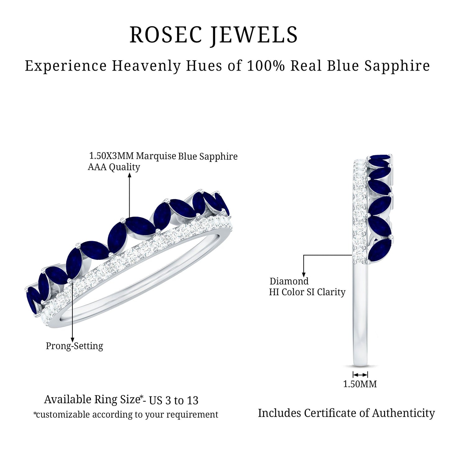 Real Marquise Blue Sapphire Half Eternity Ring with Diamond