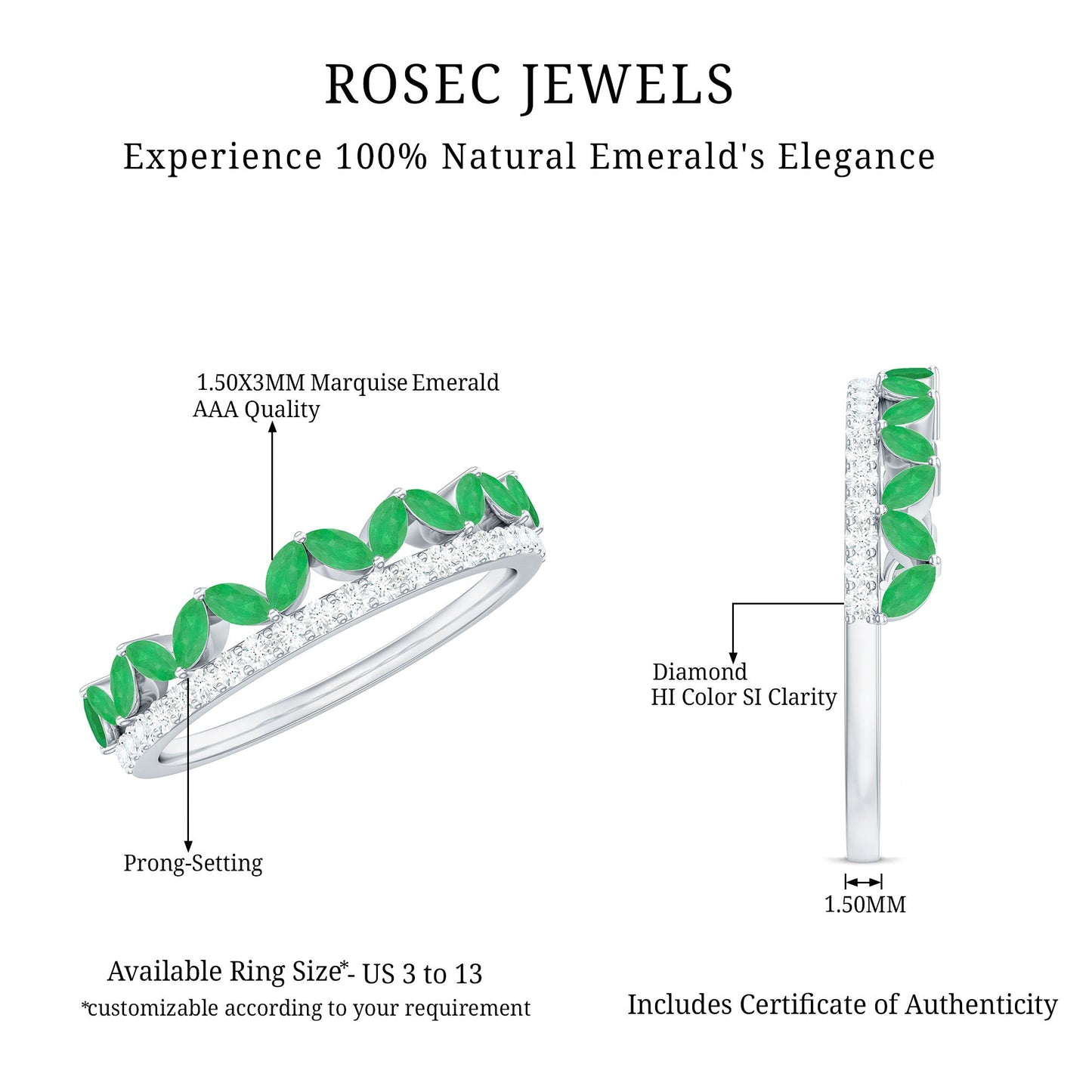 Real Marquise Emerald Half Eternity Wedding Band with Diamond