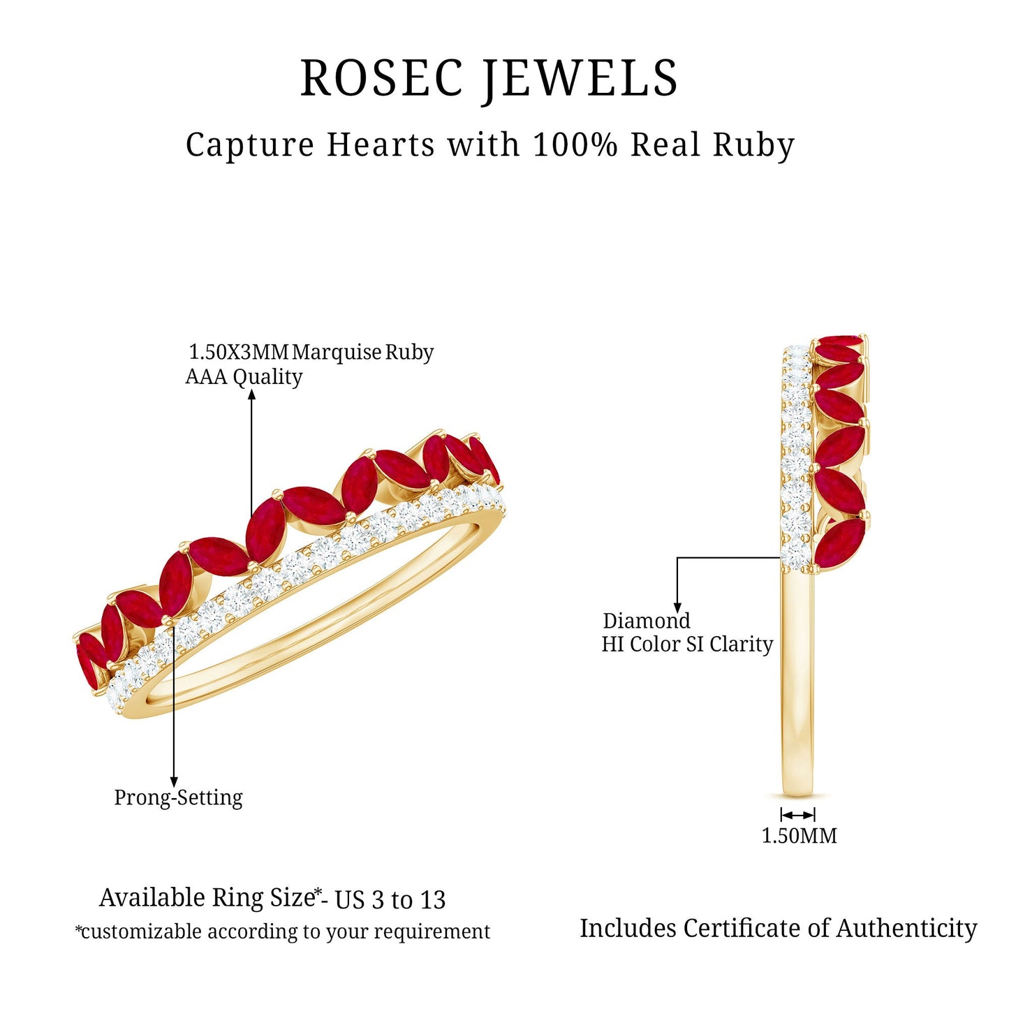Natural Marquise Ruby Half Eternity Anniversary Ring with Diamond