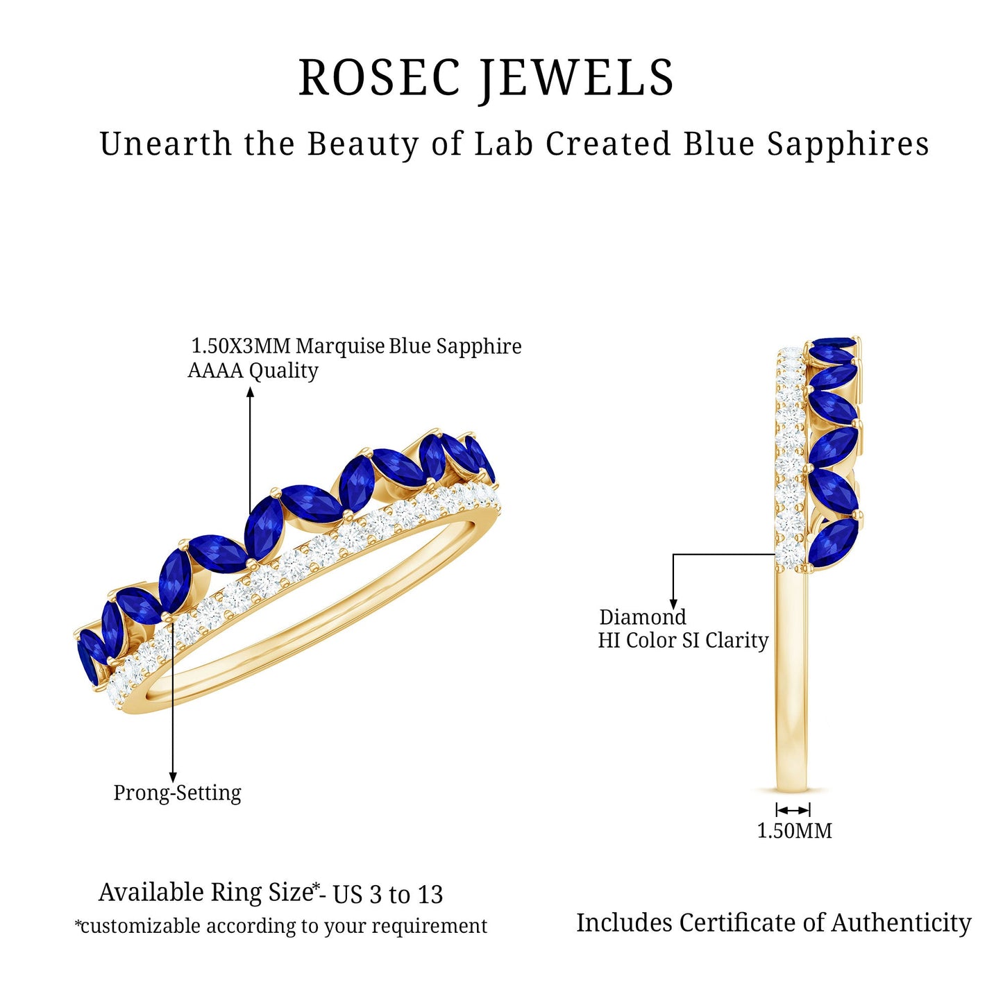 Certified Marquise Lab Grown Blue Sapphire Half Eternity Ring with Diamond