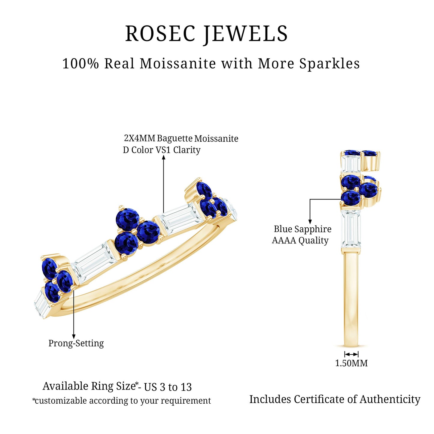 Certified Lab Blue Sapphire Half Eternity Anniversary Ring with Moissanite