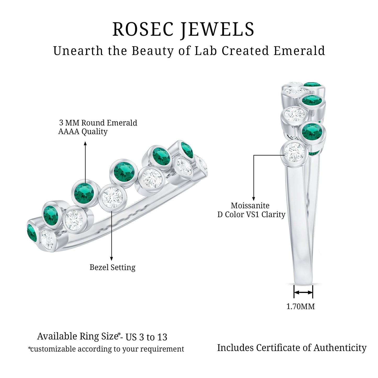 Bezel Set Lab Grown Emerald and Diamond Half Eternity Ring