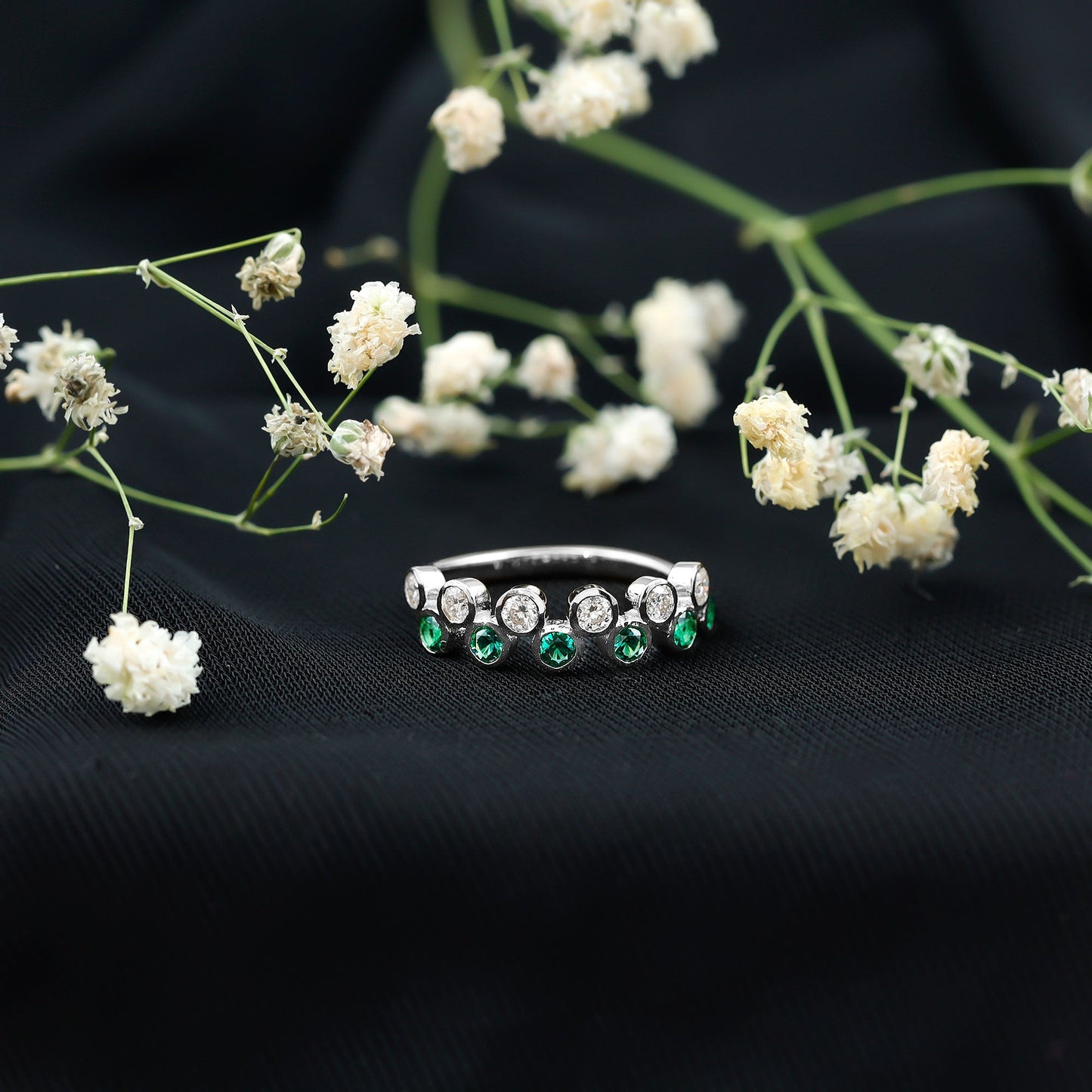 Bezel Set Lab Grown Emerald and Diamond Half Eternity Ring