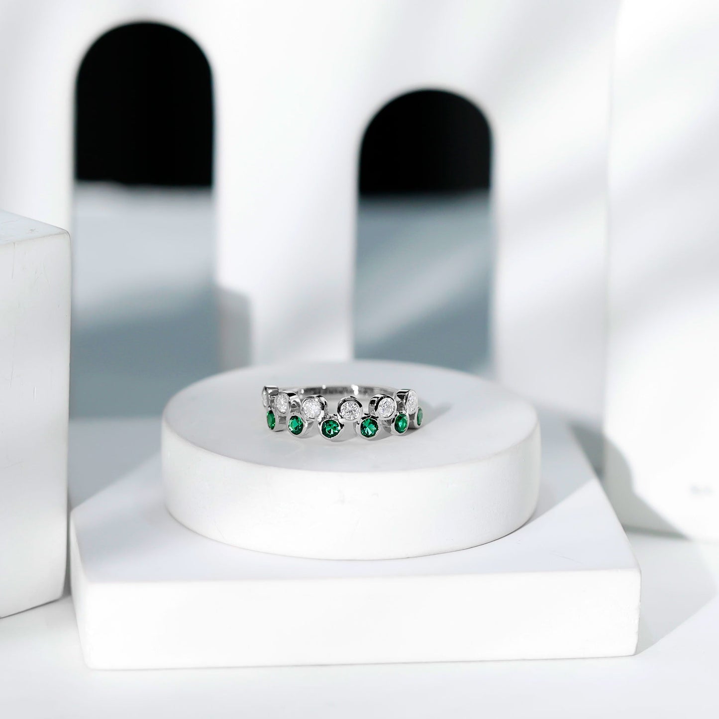 Bezel Set Lab Grown Emerald and Diamond Half Eternity Ring