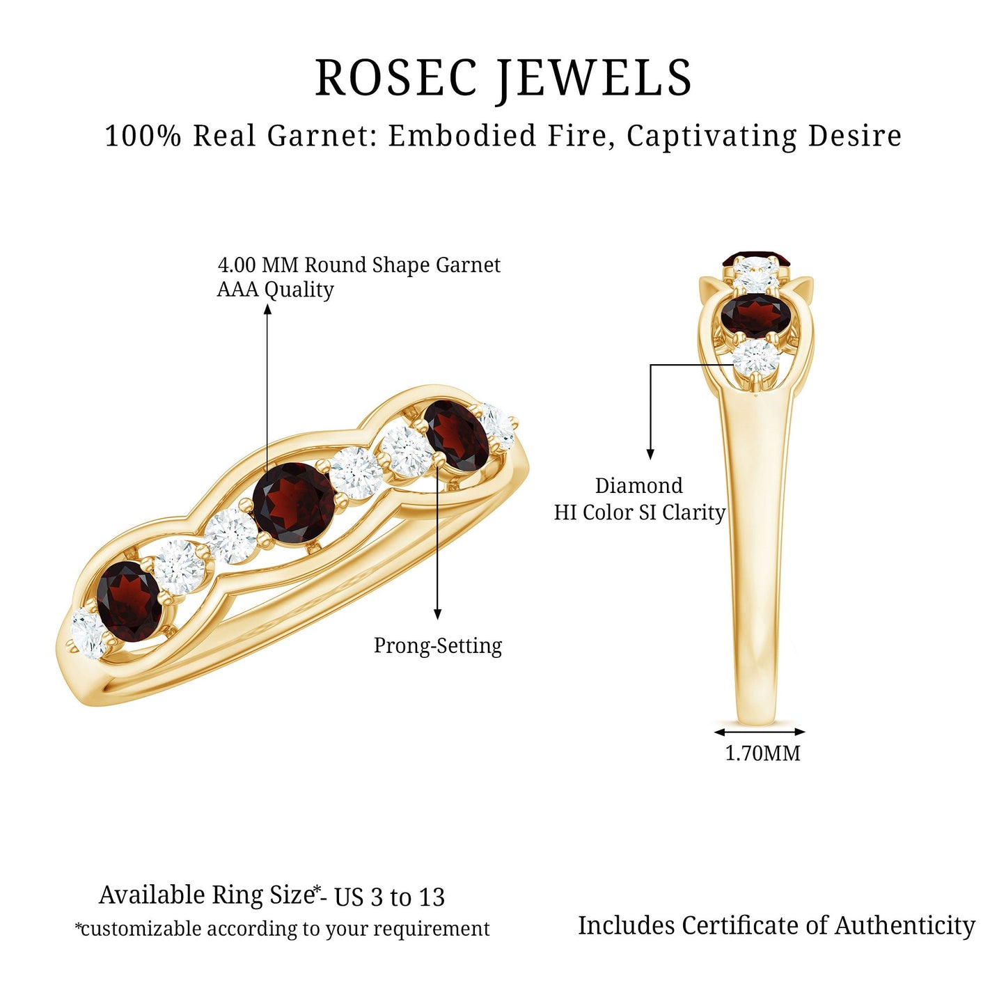 Natural Garnet Half Eternity Ring with Diamond