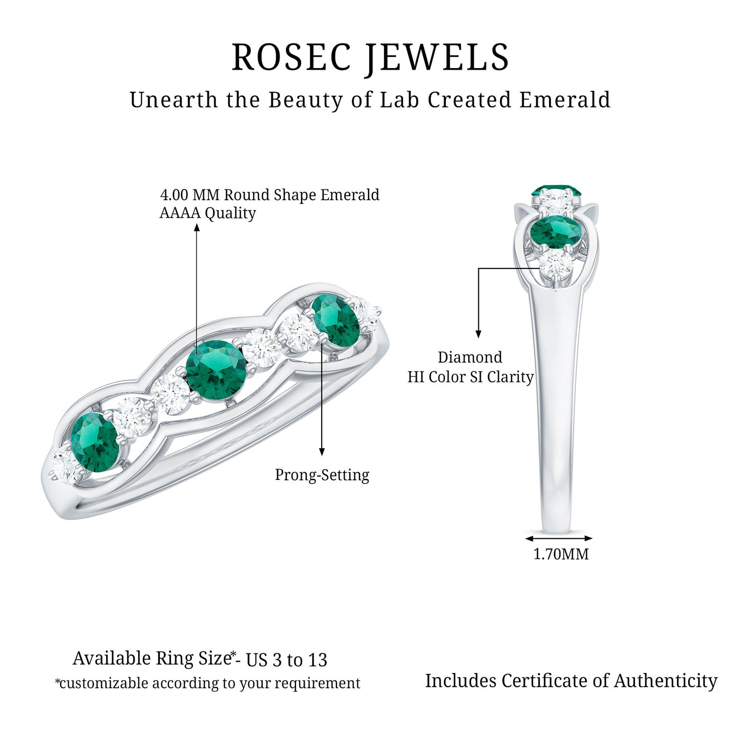 Certified Lab Grown Emerald Diamond Half Eternity Anniversary Ring