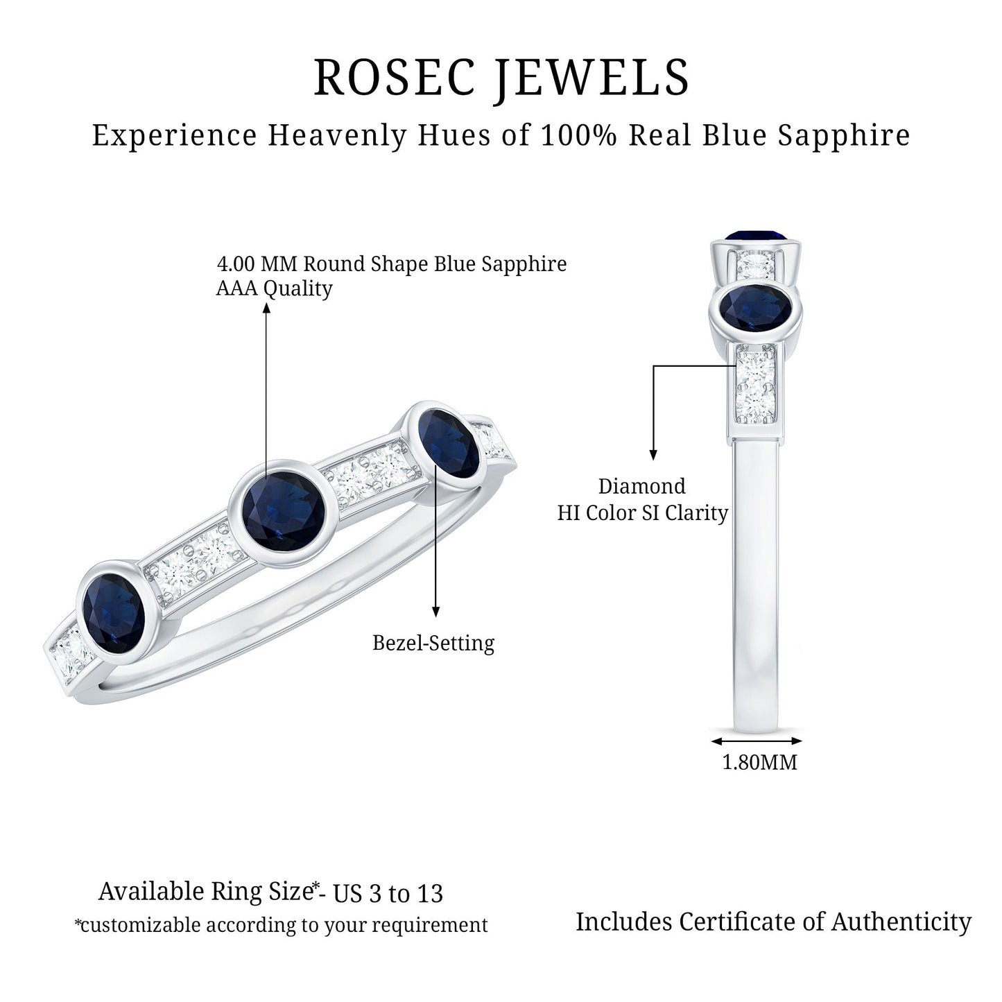 Natural Blue Sapphire Half Eternity Ring with Diamond for Women