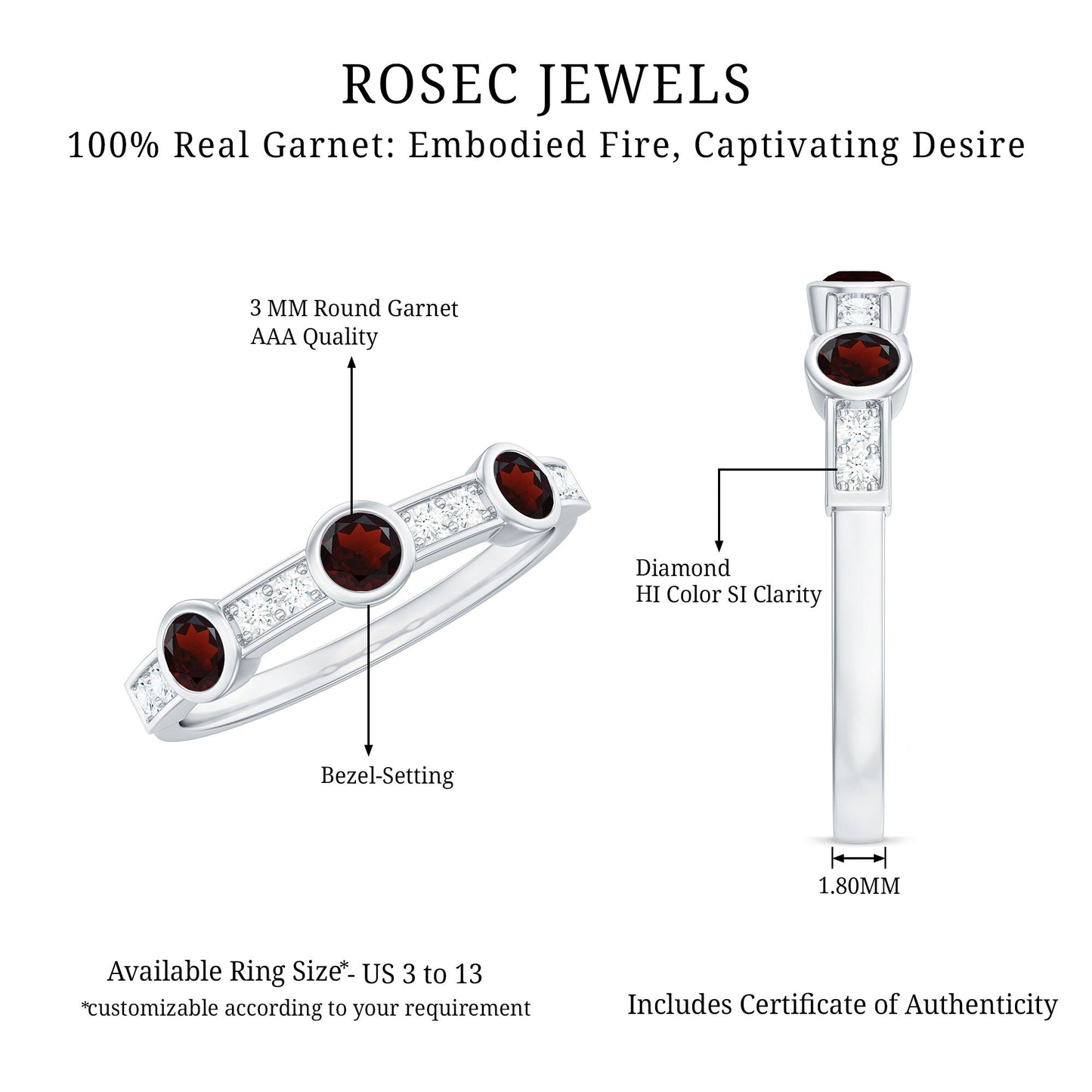 Certified Real Garnet Diamond Half Eternity Ring