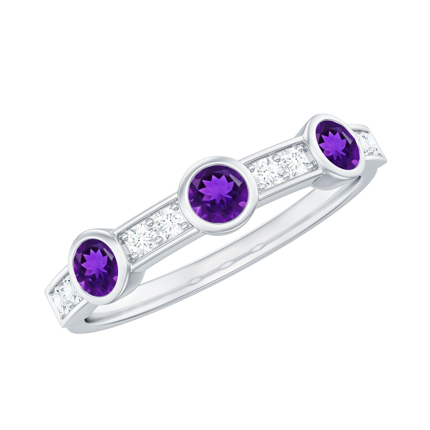 Genuine Amethyst Diamond Half Eternity Ring in Bezel Set