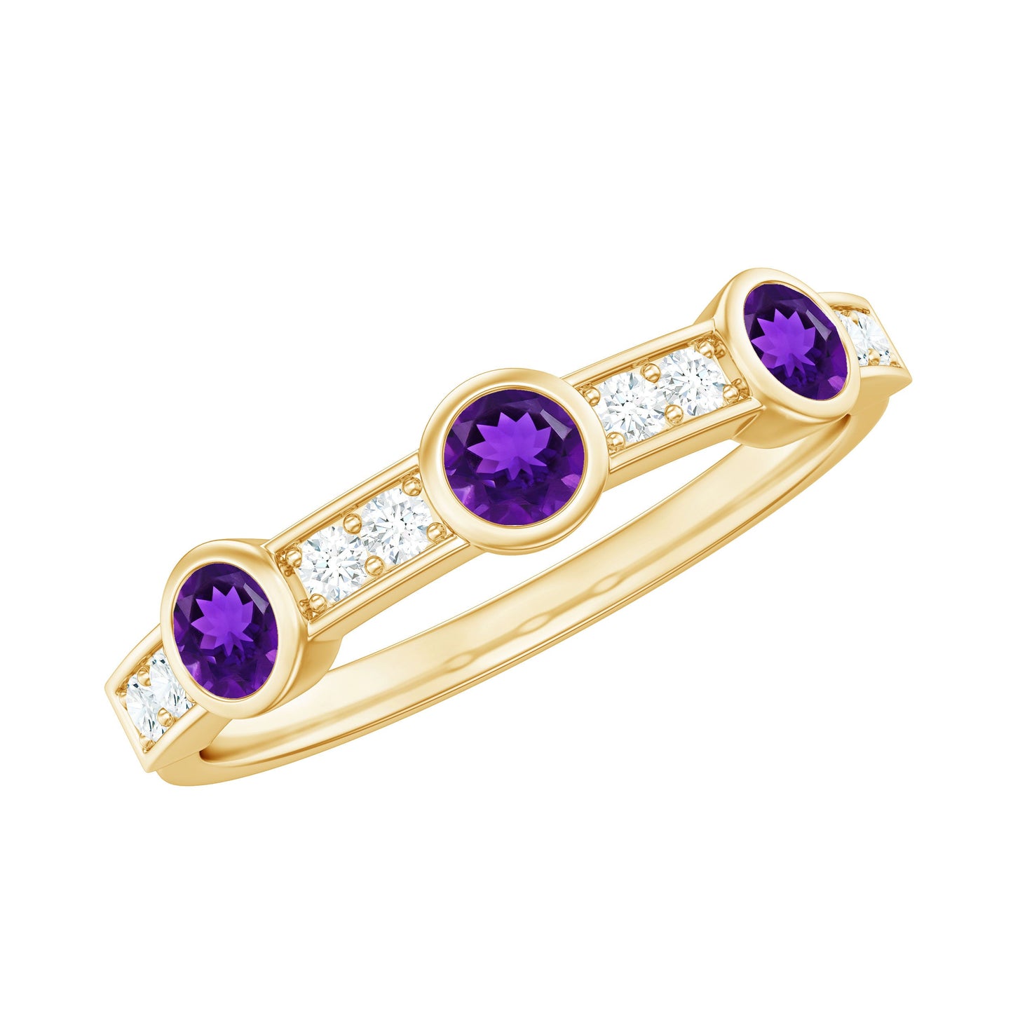 Genuine Amethyst Diamond Half Eternity Ring in Bezel Set