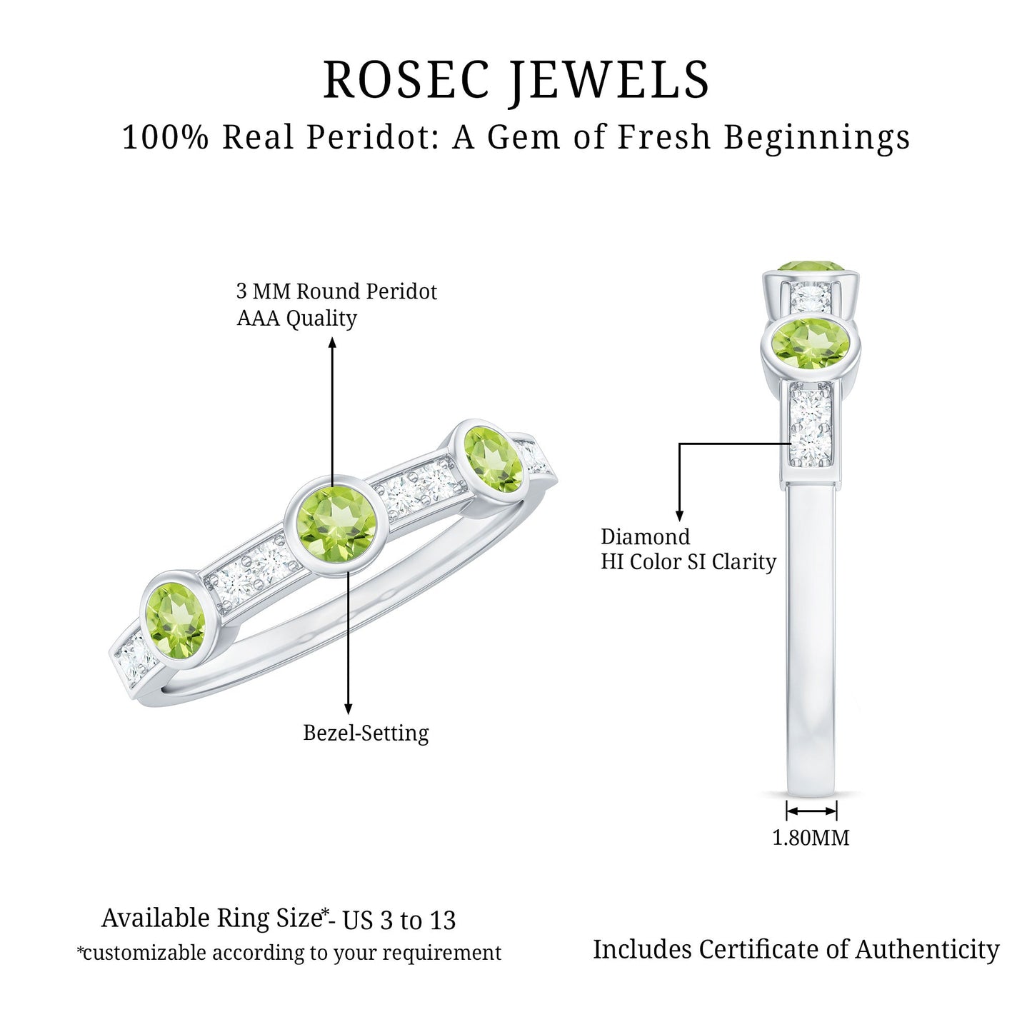 Natural Bezel Set Peridot Half Eternity Ring with Diamond