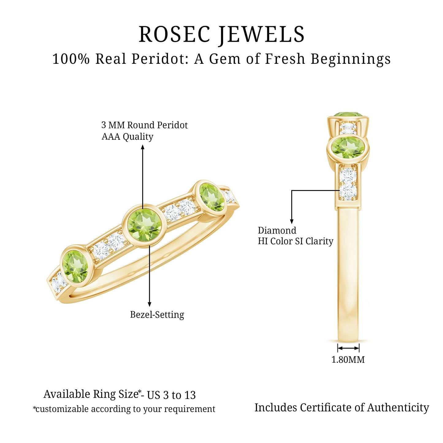 Natural Bezel Set Peridot Half Eternity Ring with Diamond