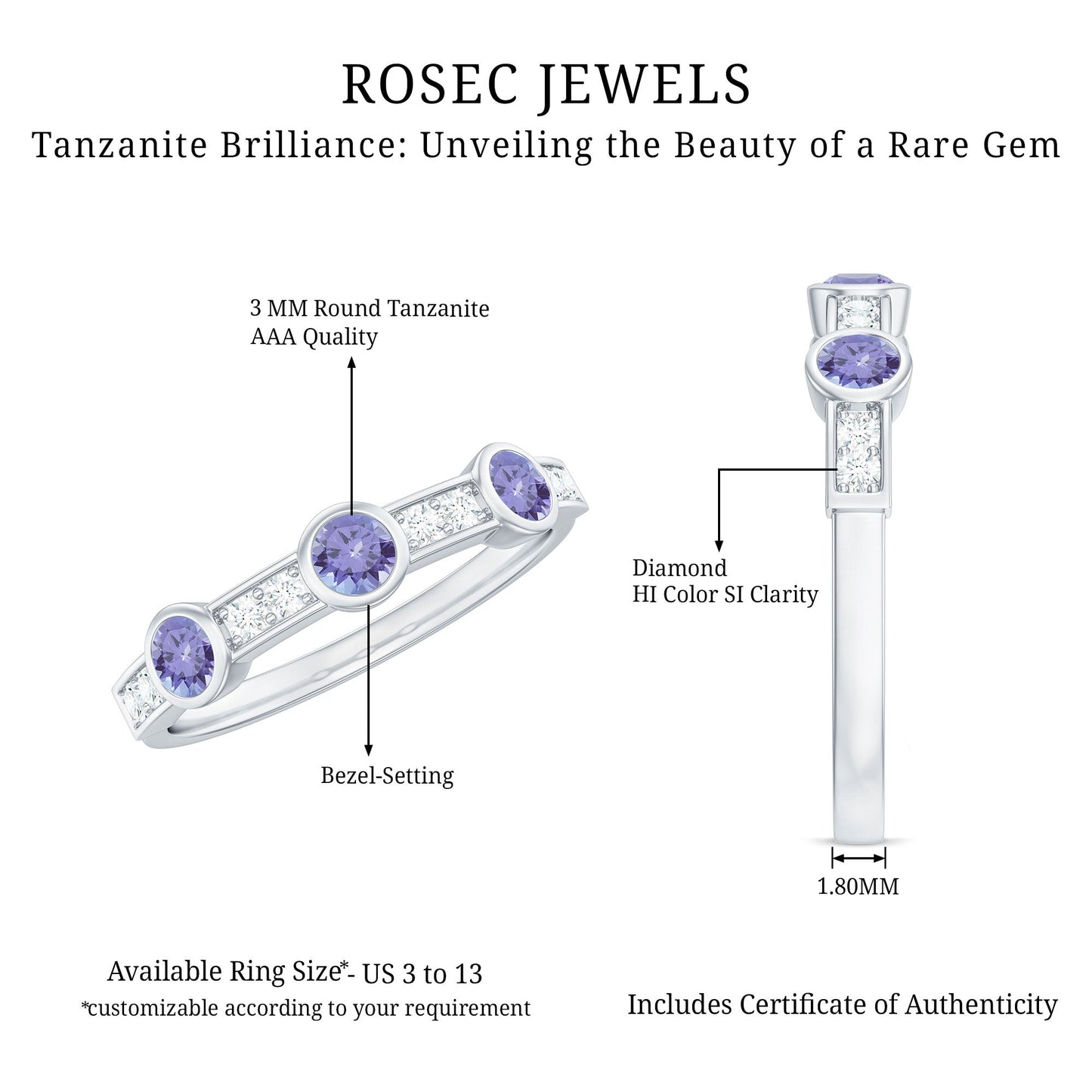 Certified Real Tanzanite Diamond Half Eternity Ring