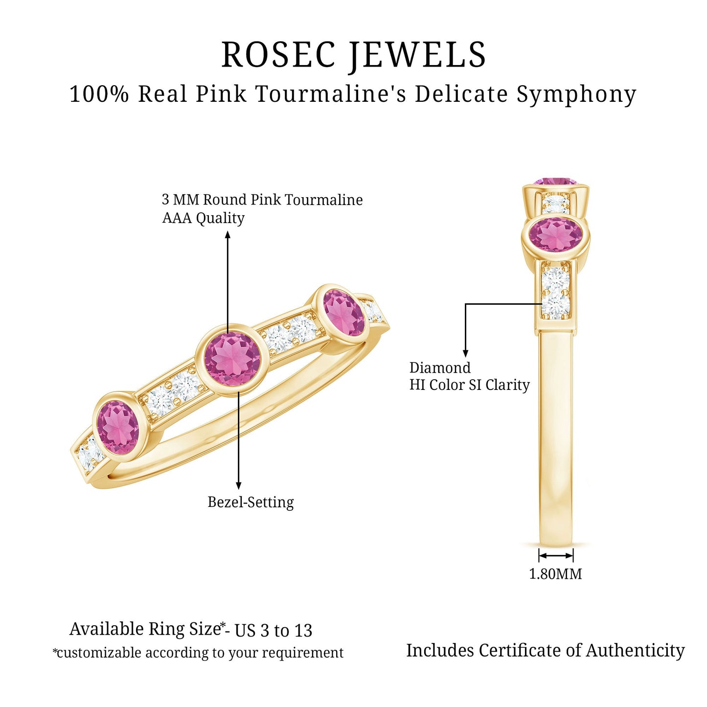 Pink Tourmaline and Diamond Minimal Half Eternity Band Ring