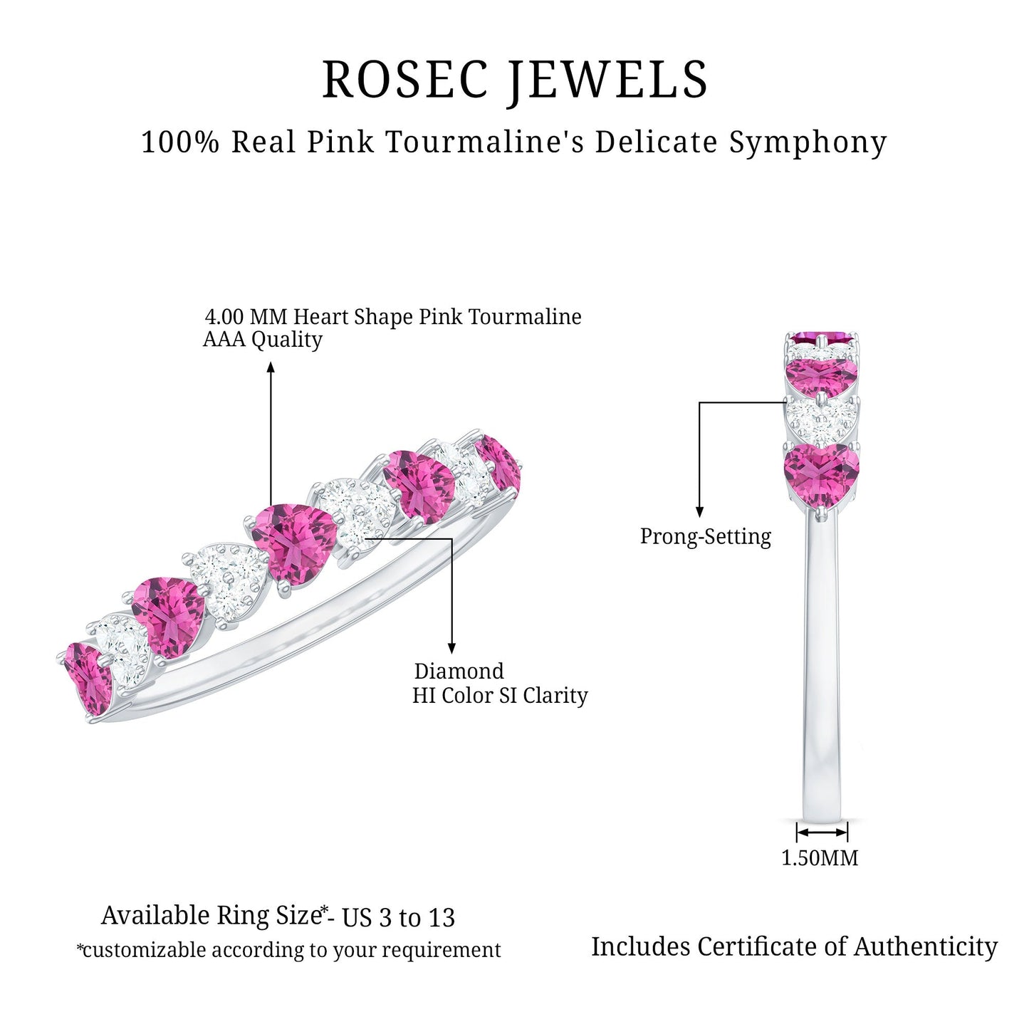 Heart Shape Half Eternity Ring with Pink Tourmaline and Diamond