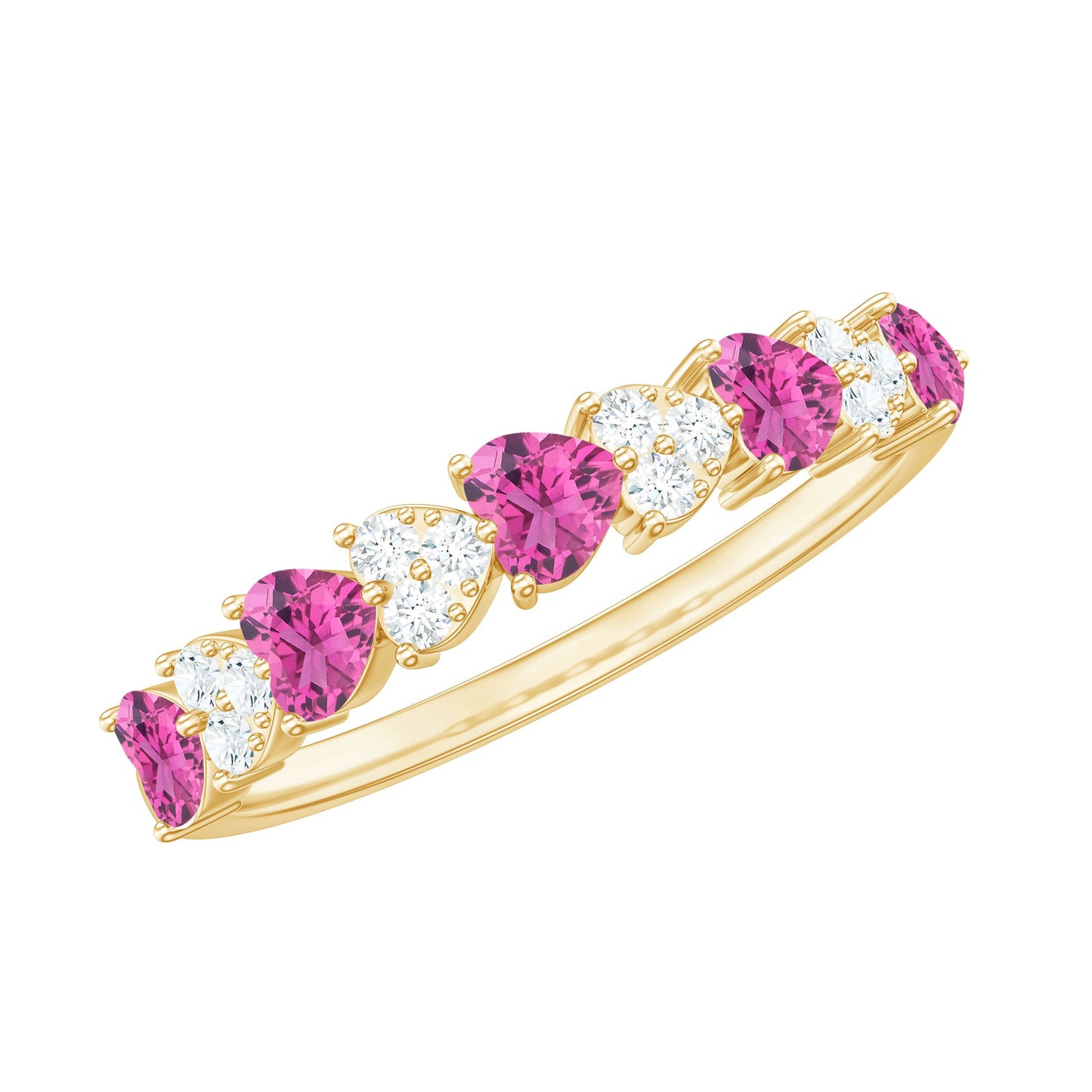 Heart Shape Half Eternity Ring with Pink Tourmaline and Diamond