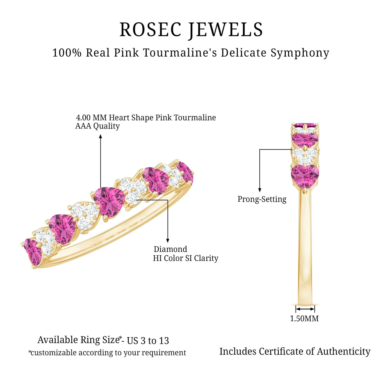 Heart Shape Half Eternity Ring with Pink Tourmaline and Diamond