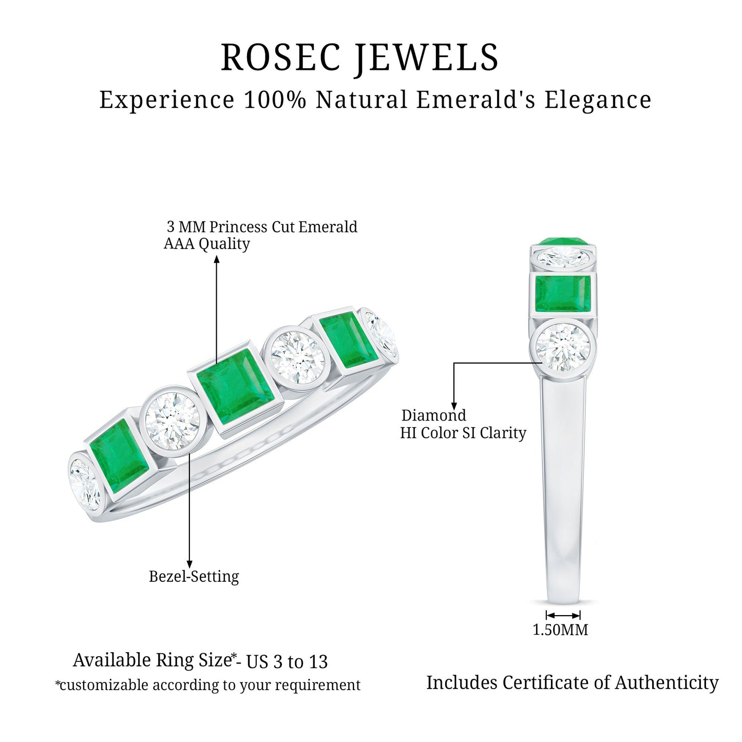 Real Emerald and Diamond Half Eternity Wedding Band in Bezel Set