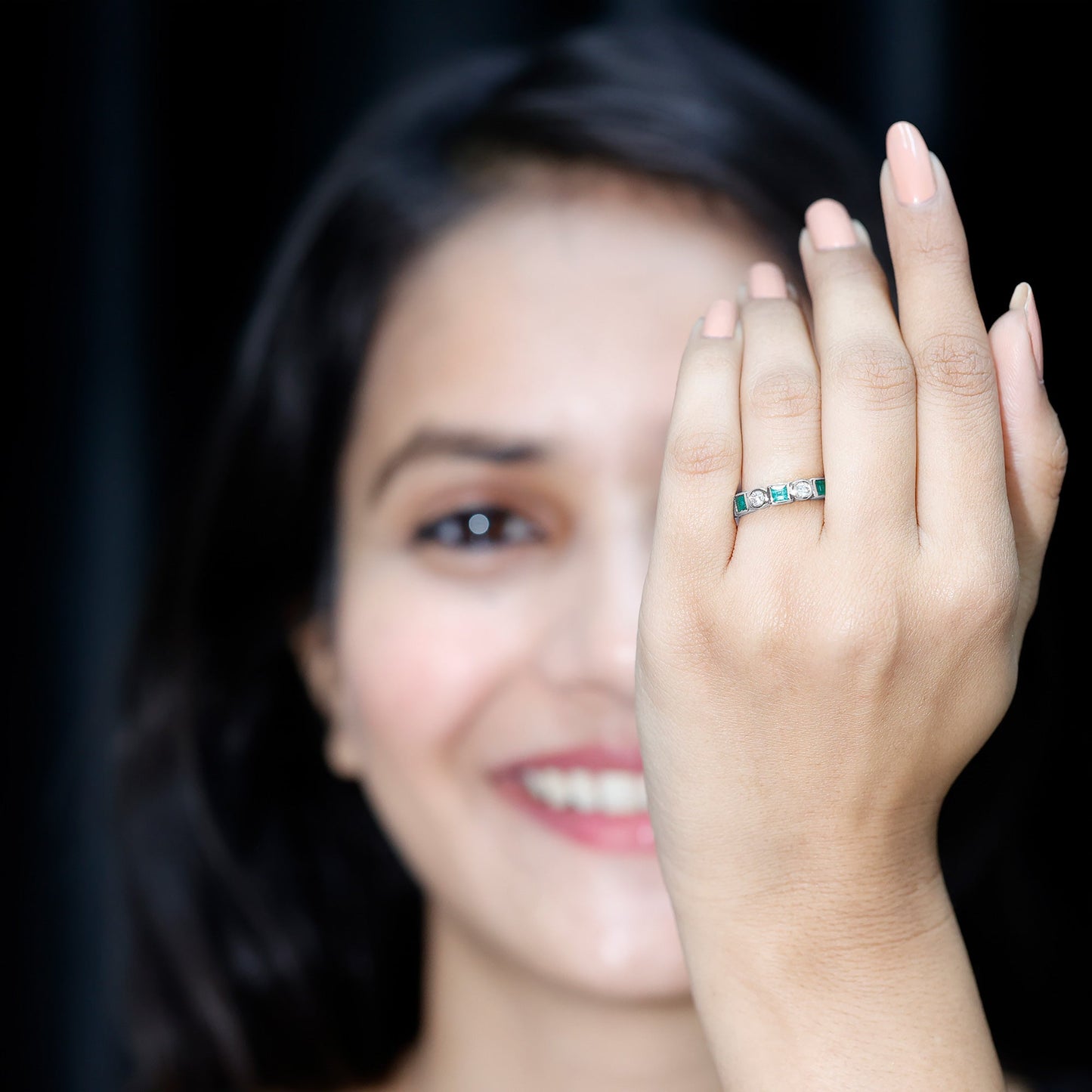 Real Emerald and Diamond Half Eternity Wedding Band in Bezel Set
