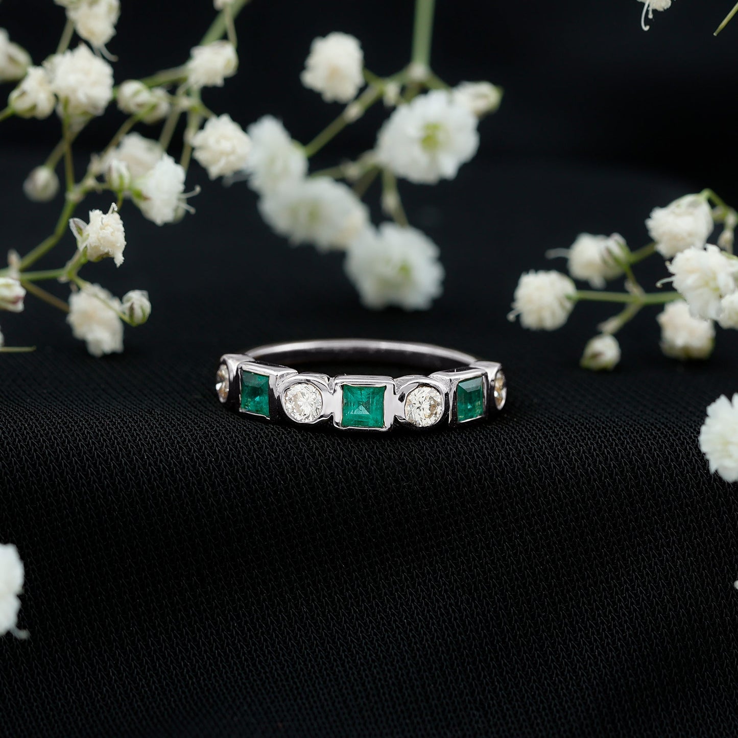Real Emerald and Diamond Half Eternity Wedding Band in Bezel Set