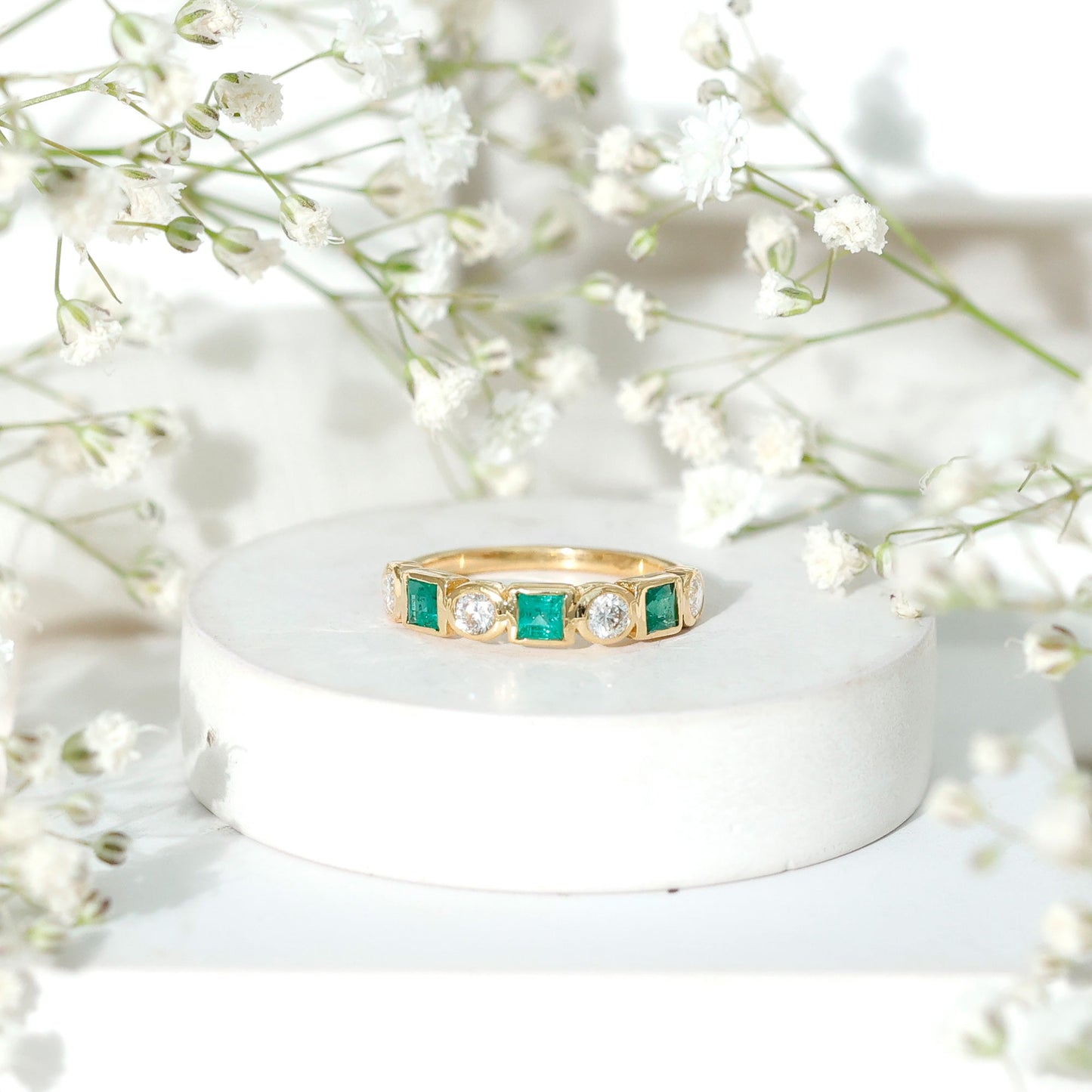 Real Emerald and Diamond Half Eternity Wedding Band in Bezel Set