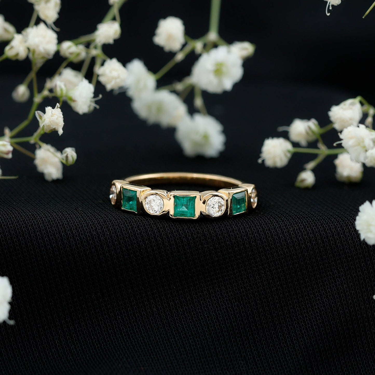 Real Emerald and Diamond Half Eternity Wedding Band in Bezel Set