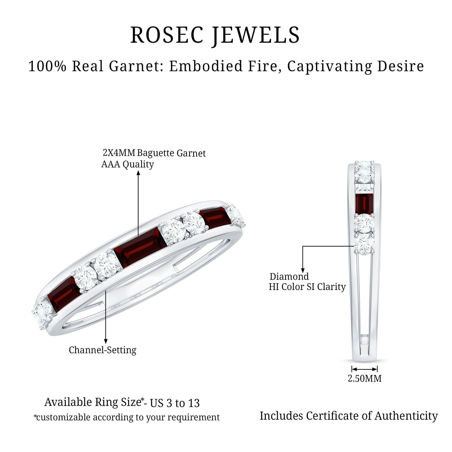 Genuine Baguette Garnet Half Eternity Band with Diamond