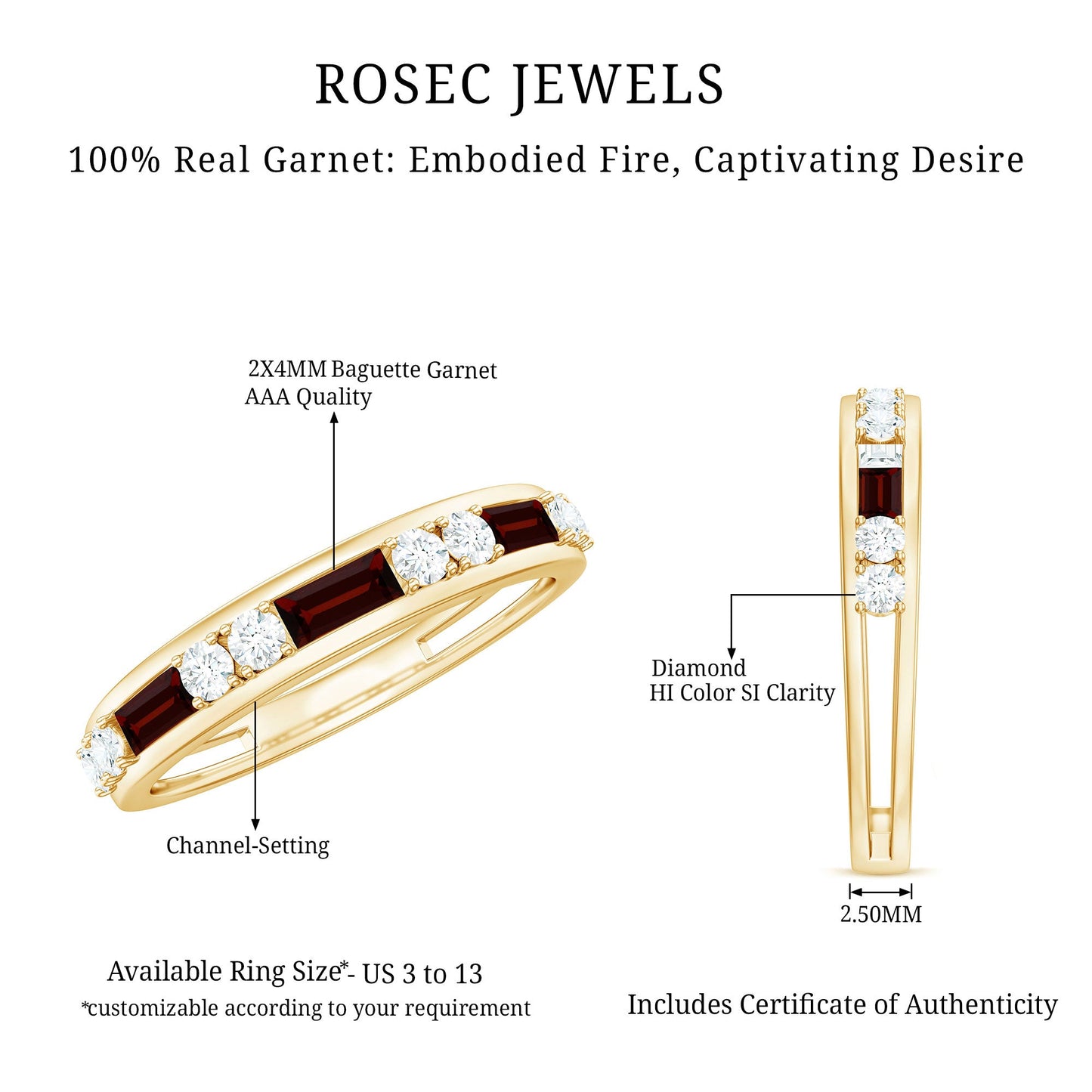 Genuine Baguette Garnet Half Eternity Band with Diamond