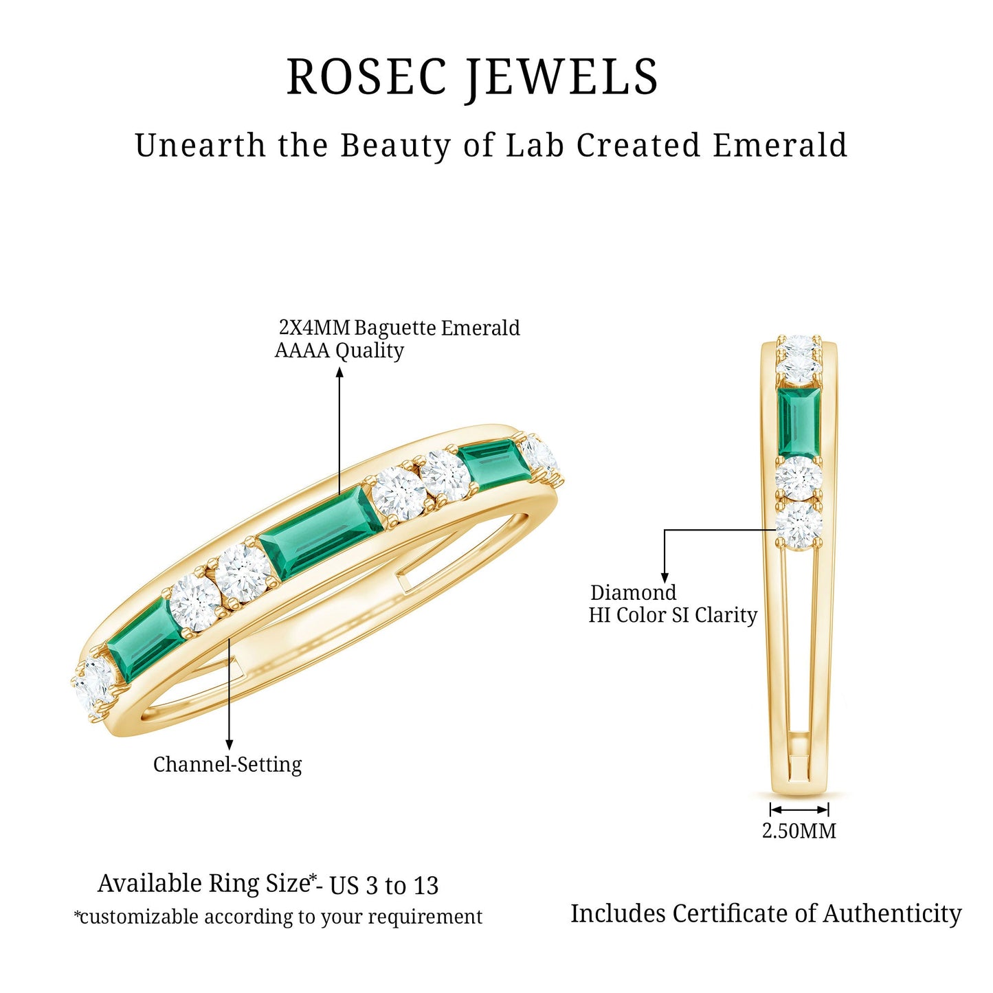 Minimal Baguette Lab Grown Emerald Half Eternity Ring with Diamond