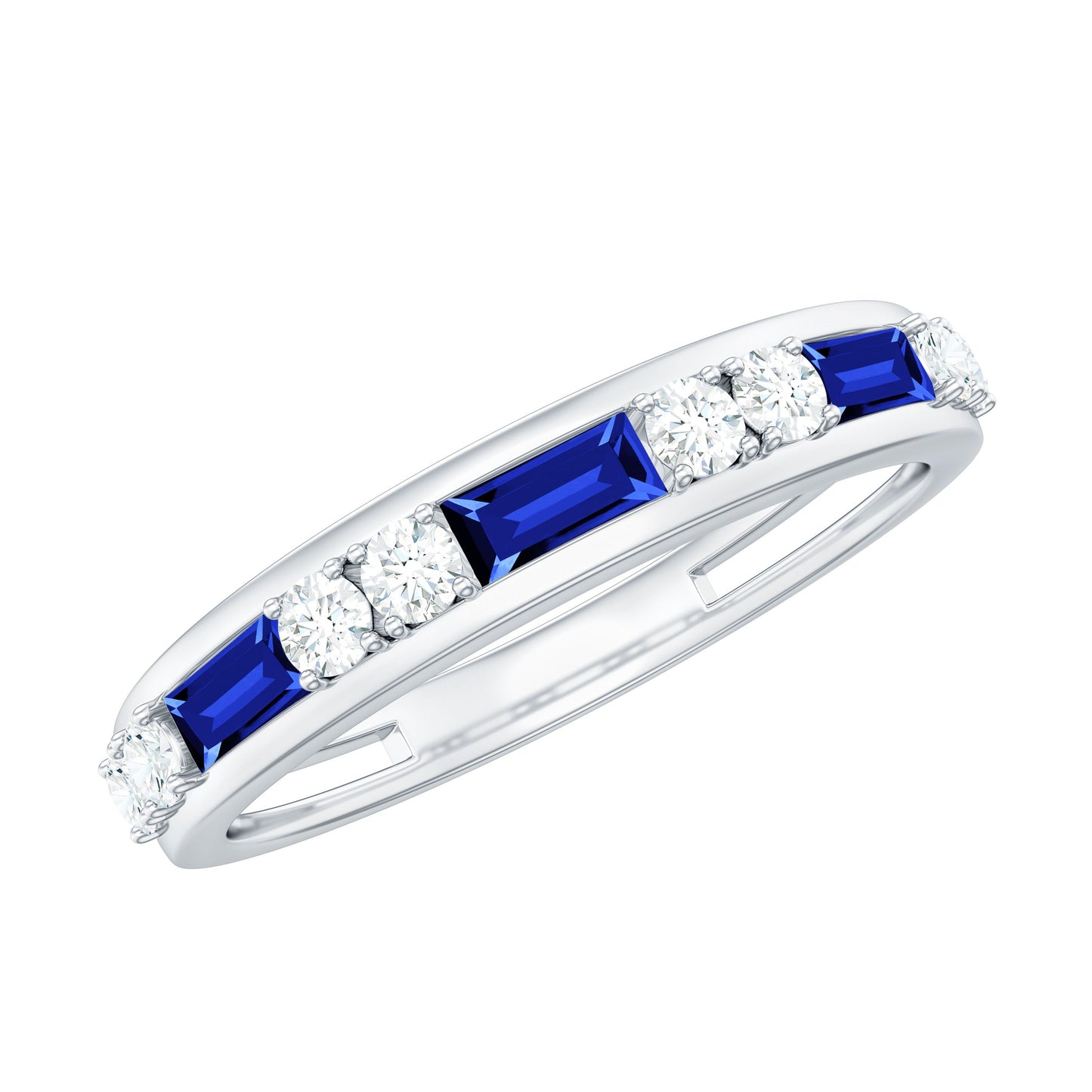 Certified Lab Grown Blue Sapphire Baguette Half Eternity Band with Diamond