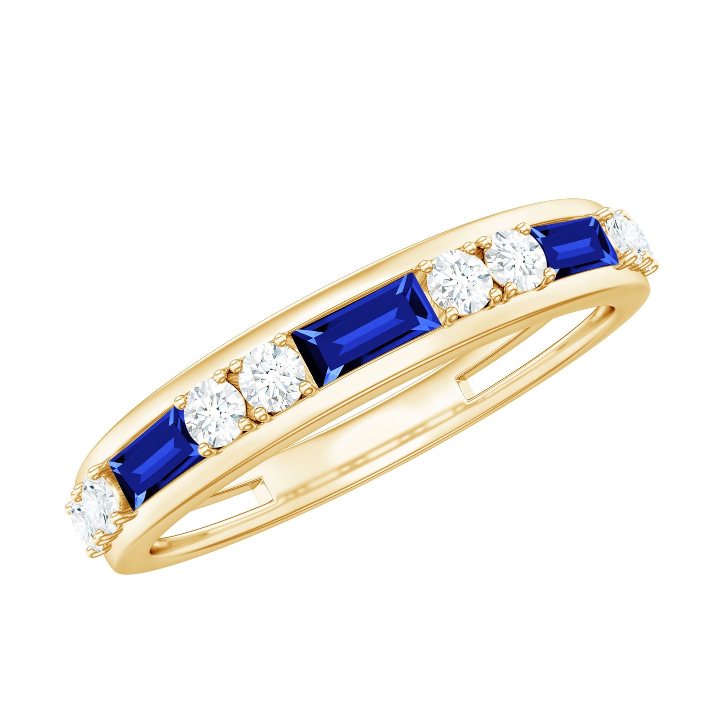 Certified Lab Grown Blue Sapphire Baguette Half Eternity Band with Diamond