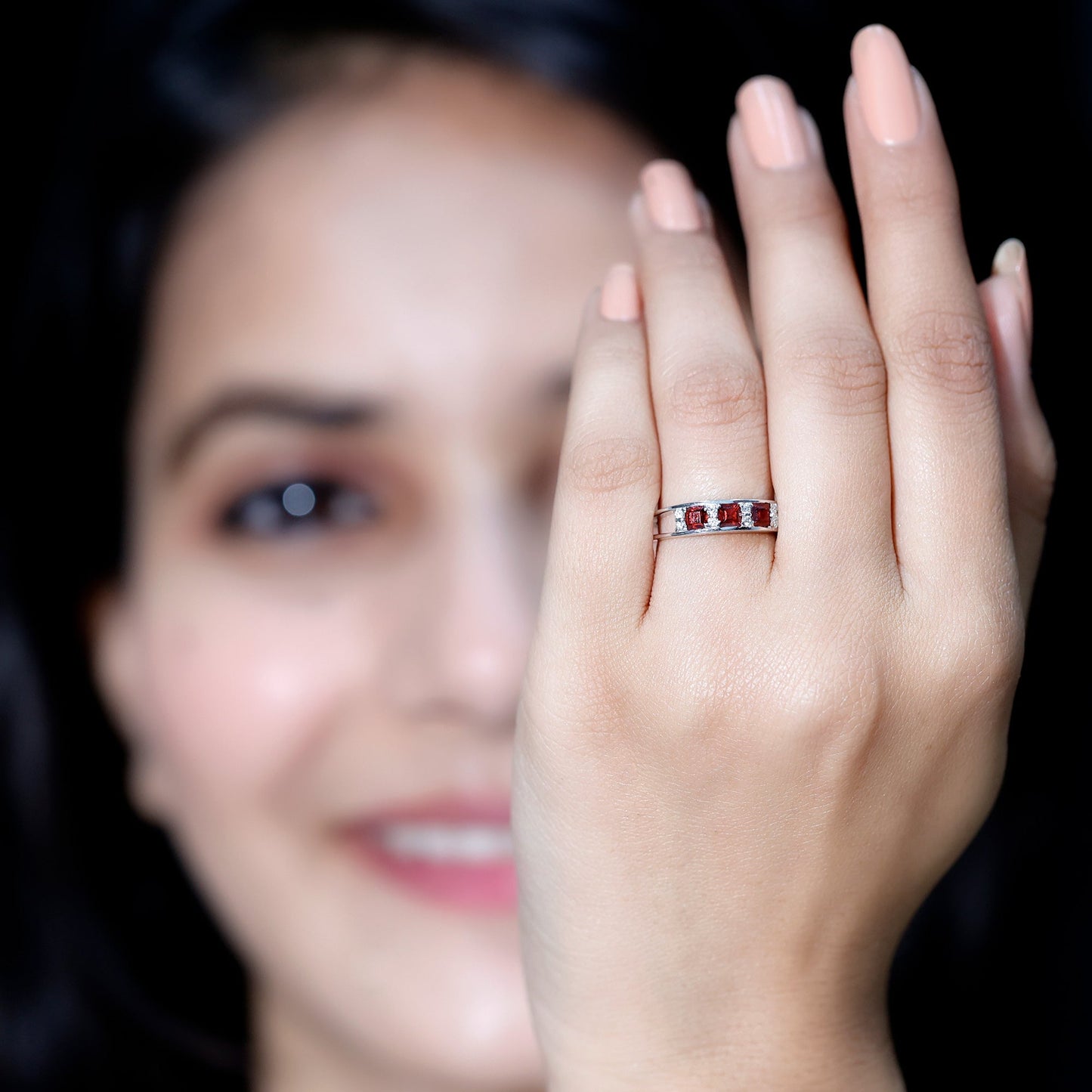 Natural Princess Cut Garnet Diamond Wedding Band