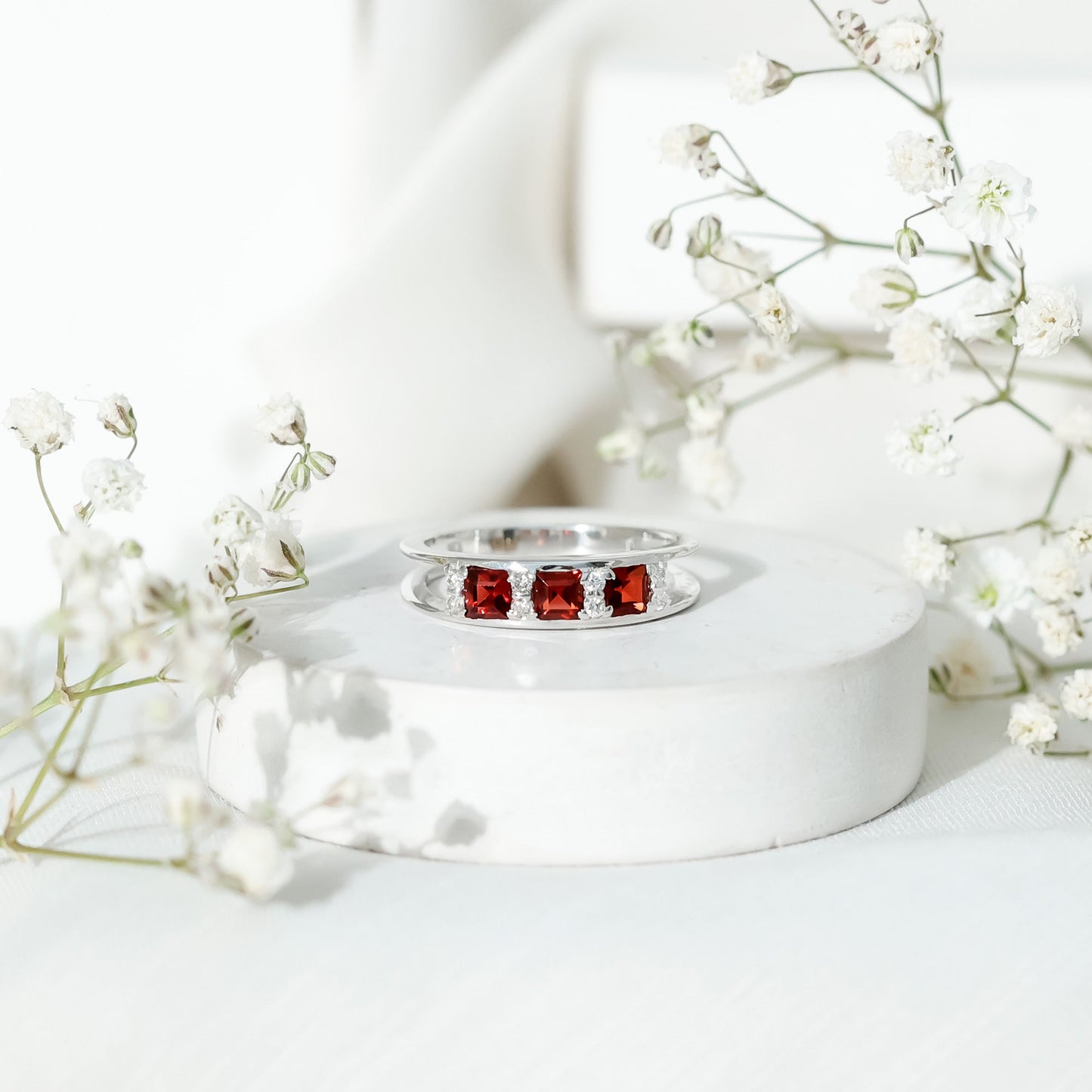 Natural Princess Cut Garnet Diamond Wedding Band