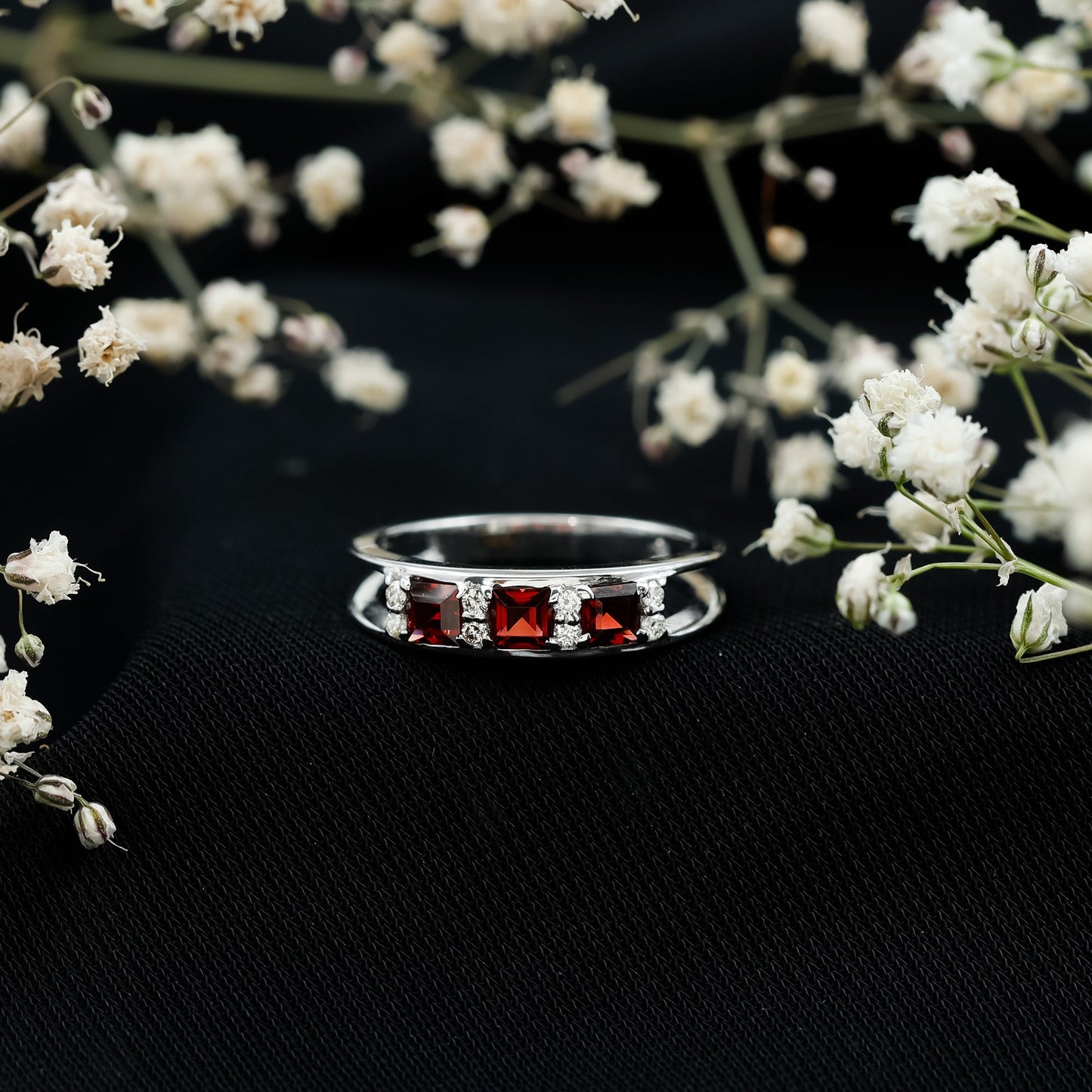 Natural Princess Cut Garnet Diamond Wedding Band