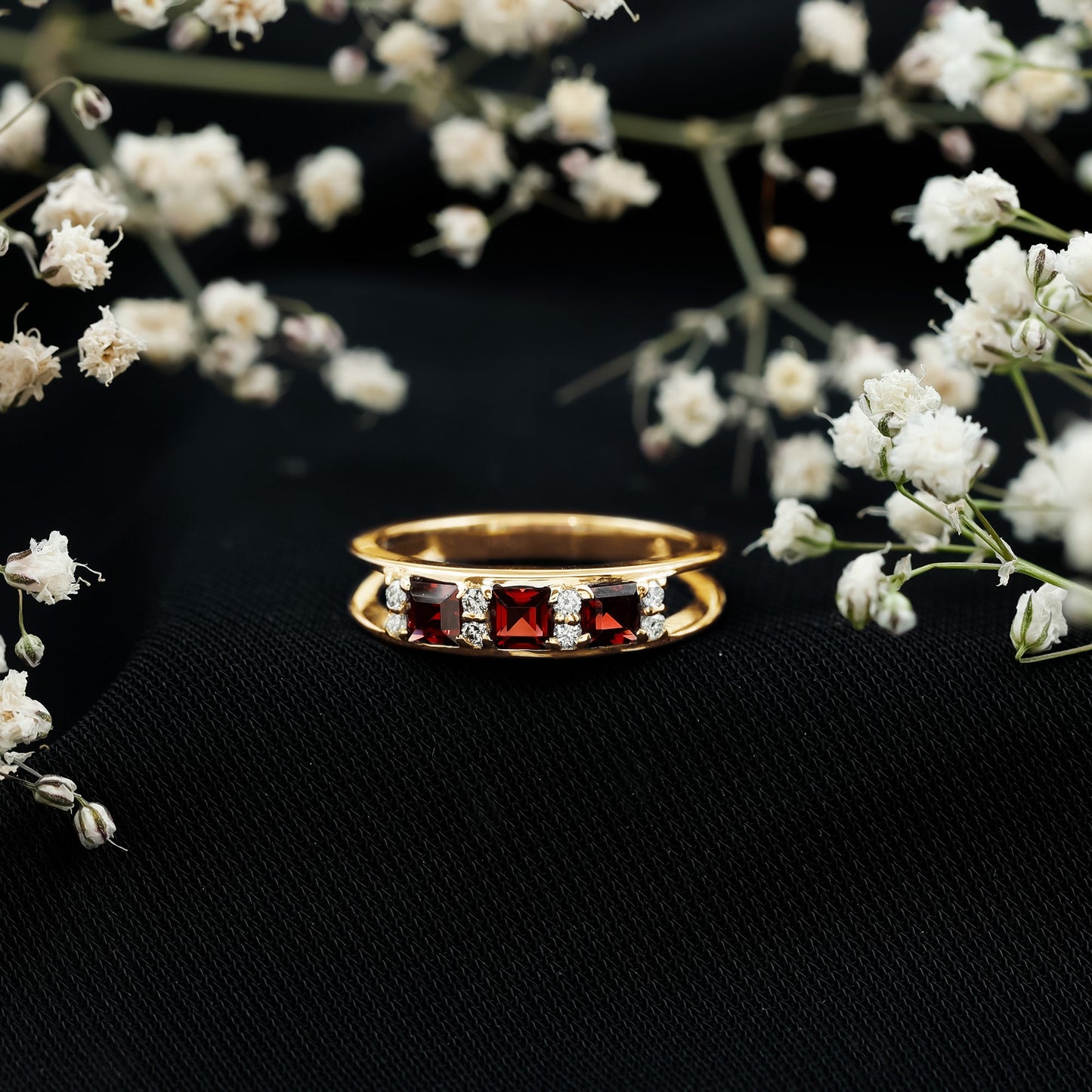 Natural Princess Cut Garnet Diamond Wedding Band