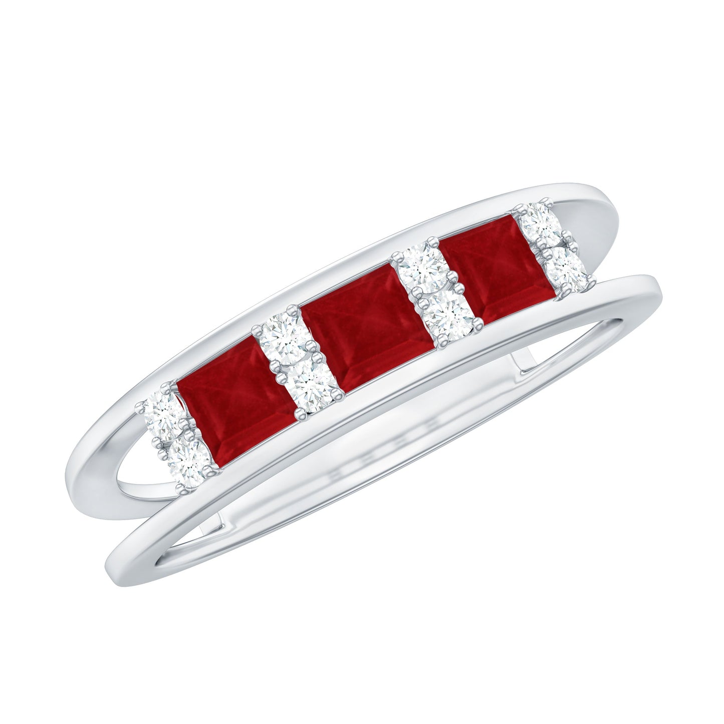 Natural Princess cut Ruby Double Band Ring with Diamond