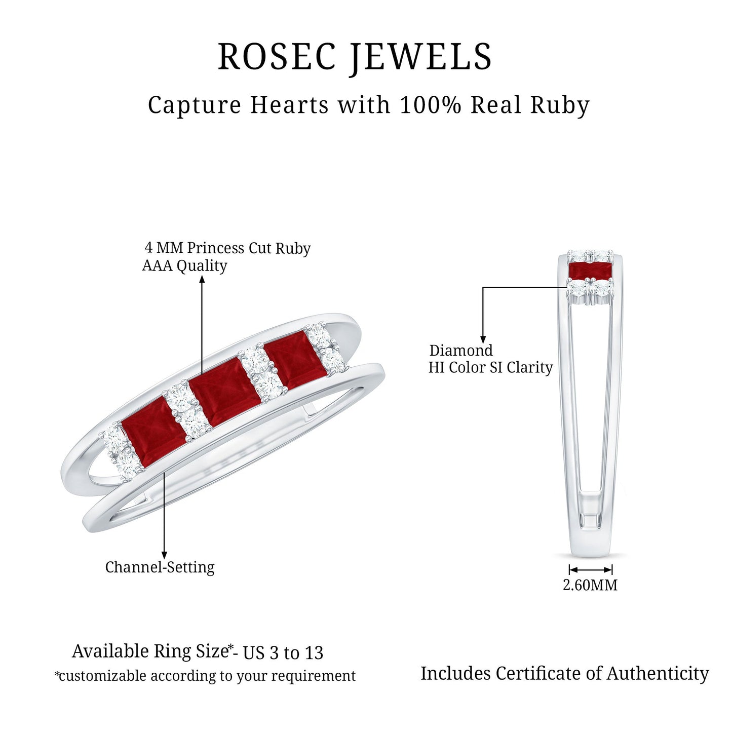 Natural Princess cut Ruby Double Band Ring with Diamond