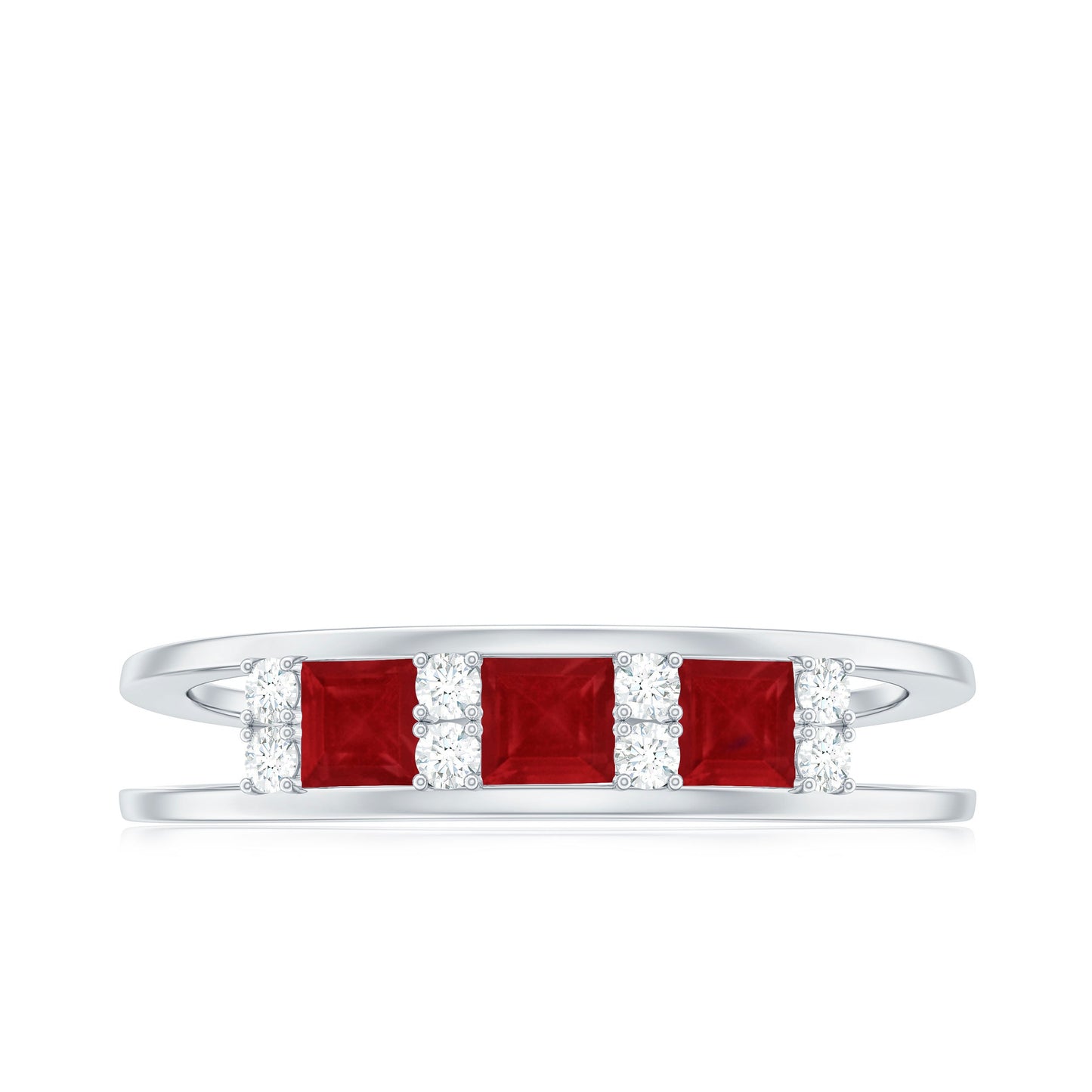Natural Princess cut Ruby Double Band Ring with Diamond