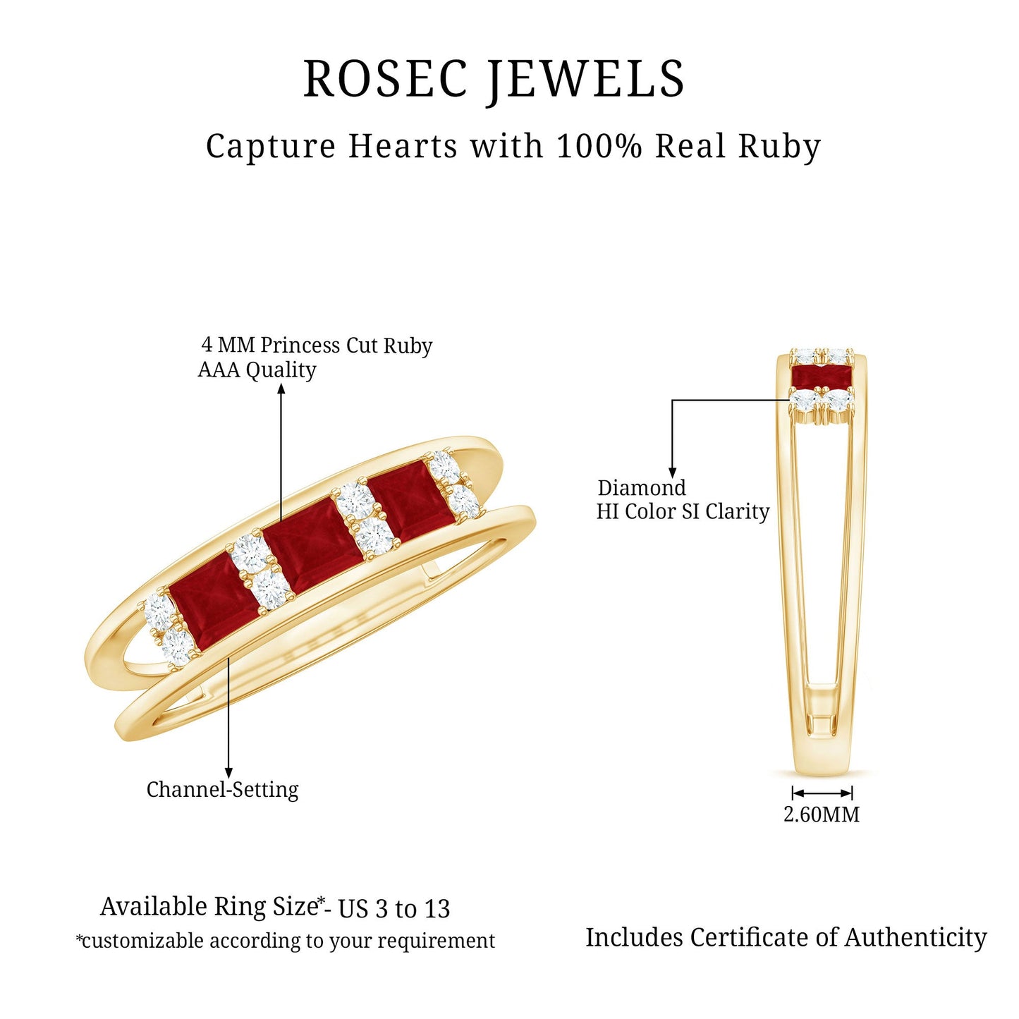 Natural Princess cut Ruby Double Band Ring with Diamond