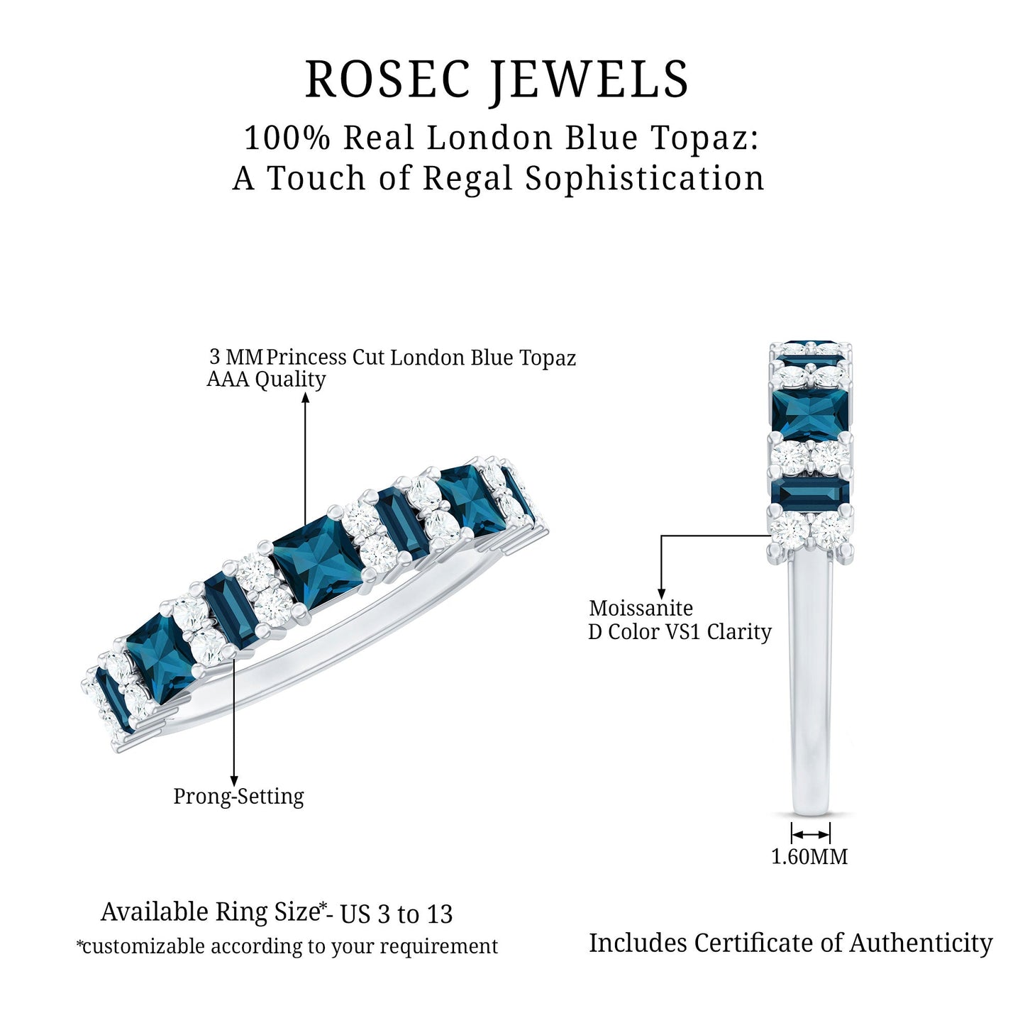 Baguette and Princess Cut London Blue Topaz Half Eternity Ring with Moissanite
