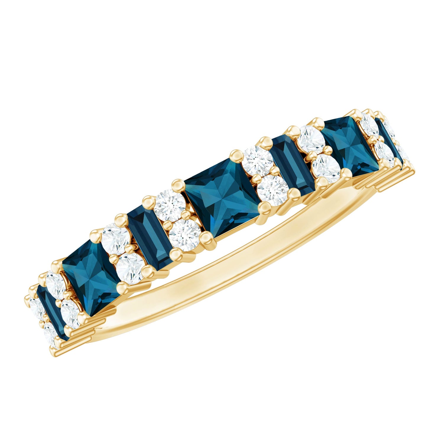 Baguette and Princess Cut London Blue Topaz Half Eternity Ring with Moissanite